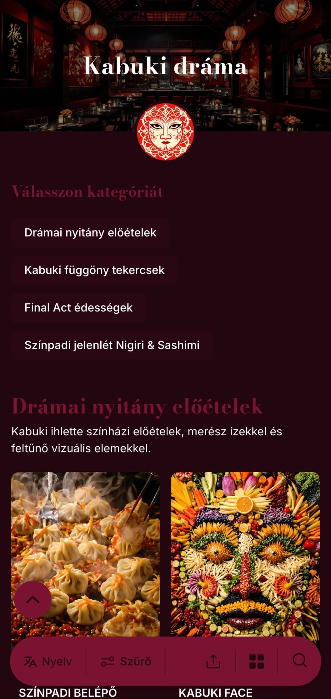 Színházi sushi menü, amelyet a hagyományos kabuki ihletett, drámai vörös és fekete kontrasztokkal.