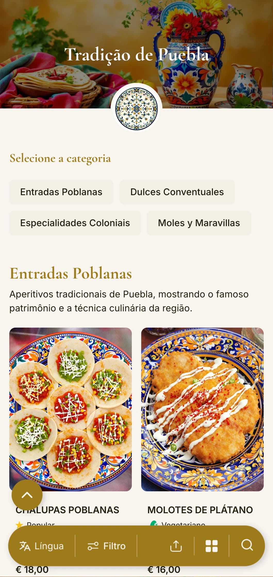 Menu refinado que celebra a rica herança culinária de Puebla, com detalhes em ouro, padrões de talavera e autênticos pratos de mole poblano.