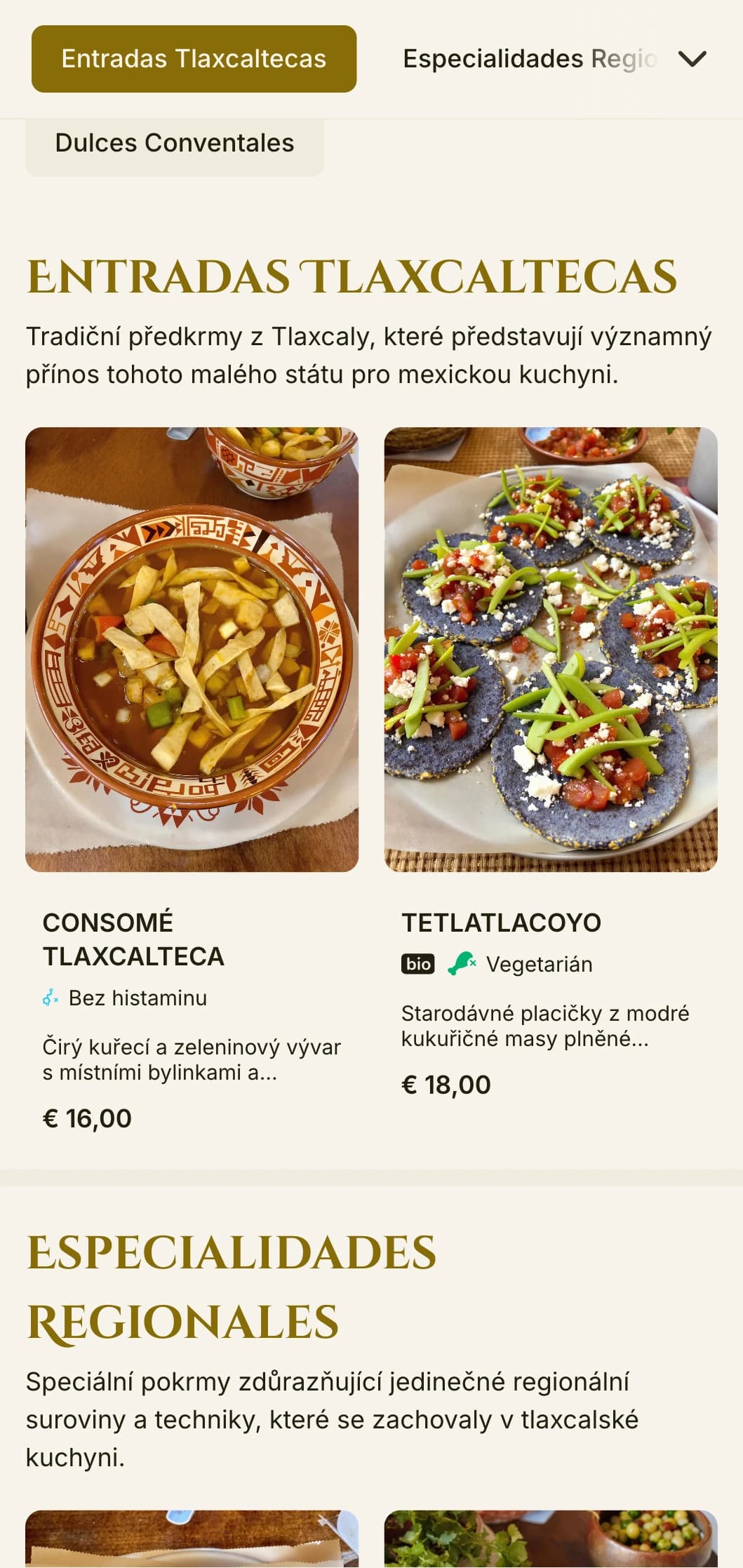Elegantní a historické menu oslavující kulinářské tradice Tlaxcaly se zlatými akcenty, předhispánskými vlivy a regionálními specialitami.