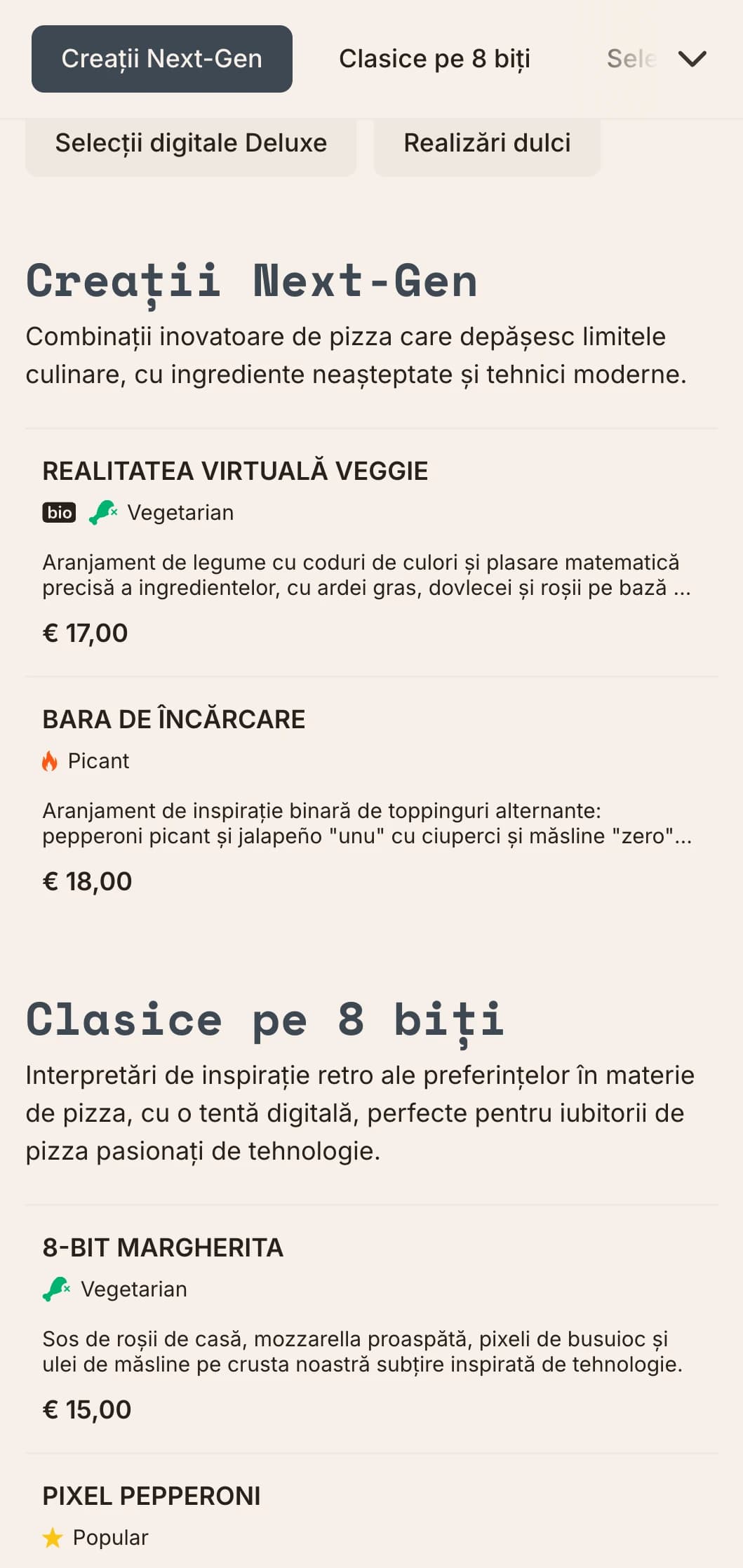 Meniu modern de pizza de inspirație tehnologică cu estetică digitală pentru concepte inovatoare de pizza.