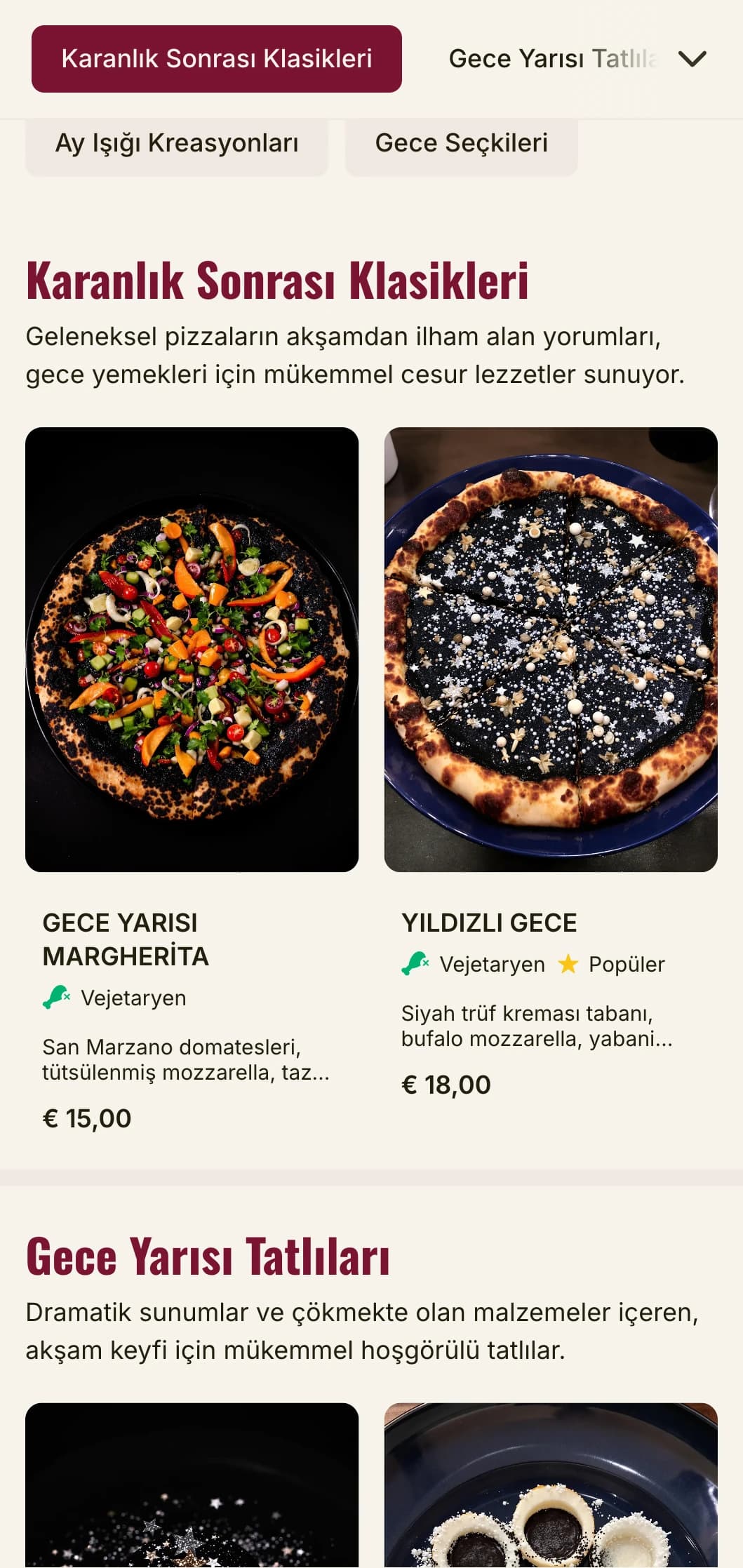 Akşam yemeği deneyimleri için karanlık, karamsar bir estetiğe sahip gece geç saatlerde pizzacı menüsü.