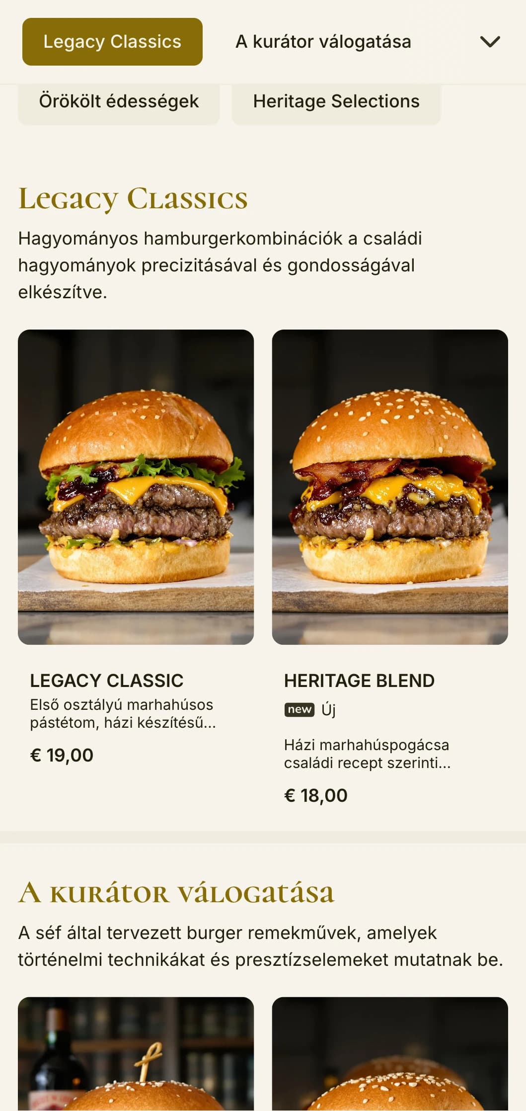 Kastély ihlette burgerélmény örökségi elemekkel és arisztokratikus jegyekkel.