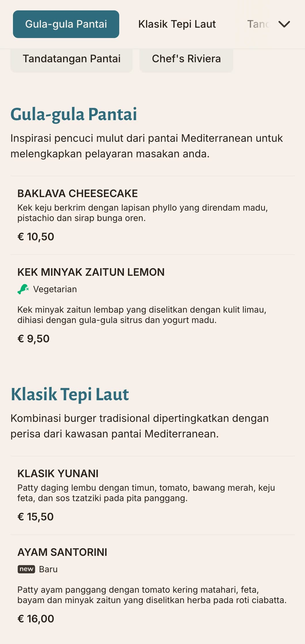 Menu burger berinspirasikan pantai dengan aksen biru Mediterranean dan fokus ramuan segar.
