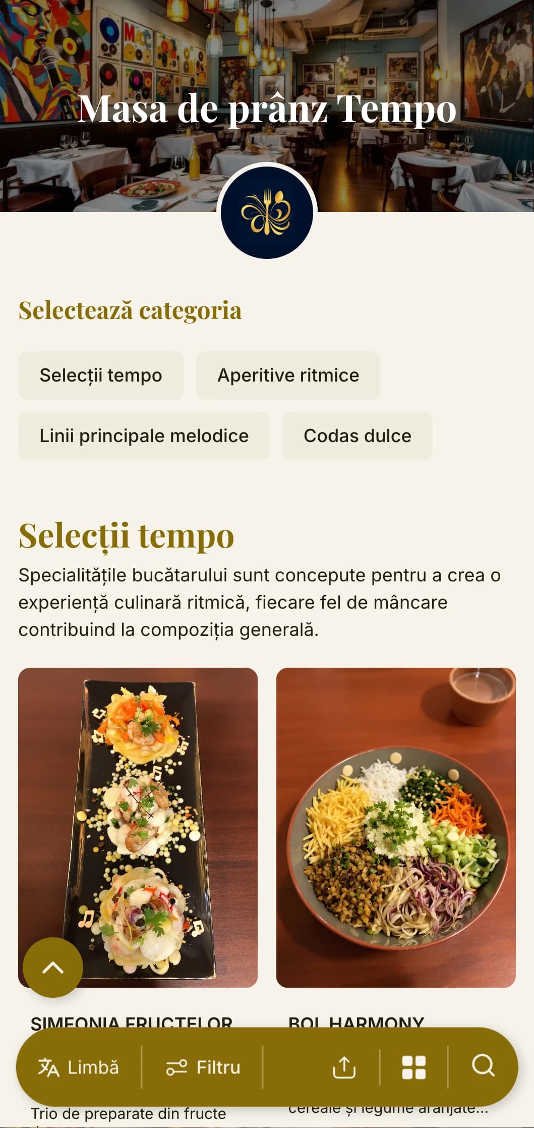 Meniu de prânz dinamic, inspirat de ritm, cu elemente muzicale și aspect fluid, ideal pentru restaurantele din apropierea teatrelor și a spațiilor culturale.