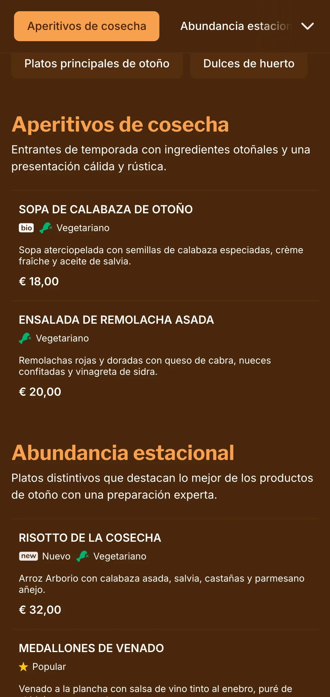 Un menú de cena cálido, inspirado en el otoño, con ricos tonos ámbar, ideal para la cocina de temporada y los restaurantes centrados en la cosecha.