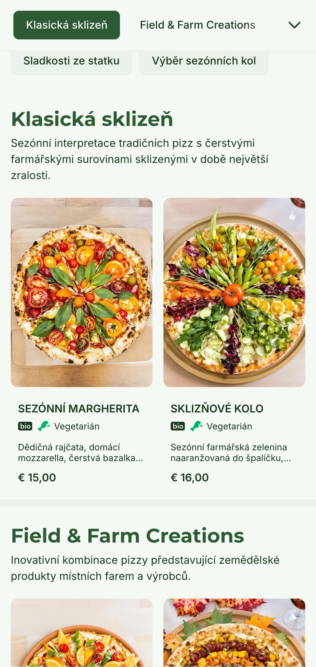 Nabídka pizzy z farmy a ze stolu, která se vyznačuje sezónními surovinami a rustikální přípravou.