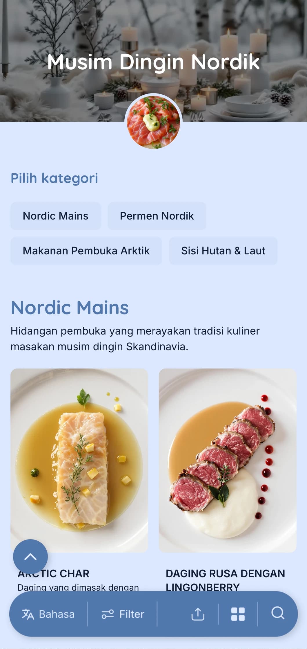 Katering yang bersih dan minimalis yang terinspirasi dari Skandinavia dengan elemen-elemen yang diawetkan, cita rasa yang murni, dan presentasi yang terinspirasi dari alam untuk acara-acara yang elegan.