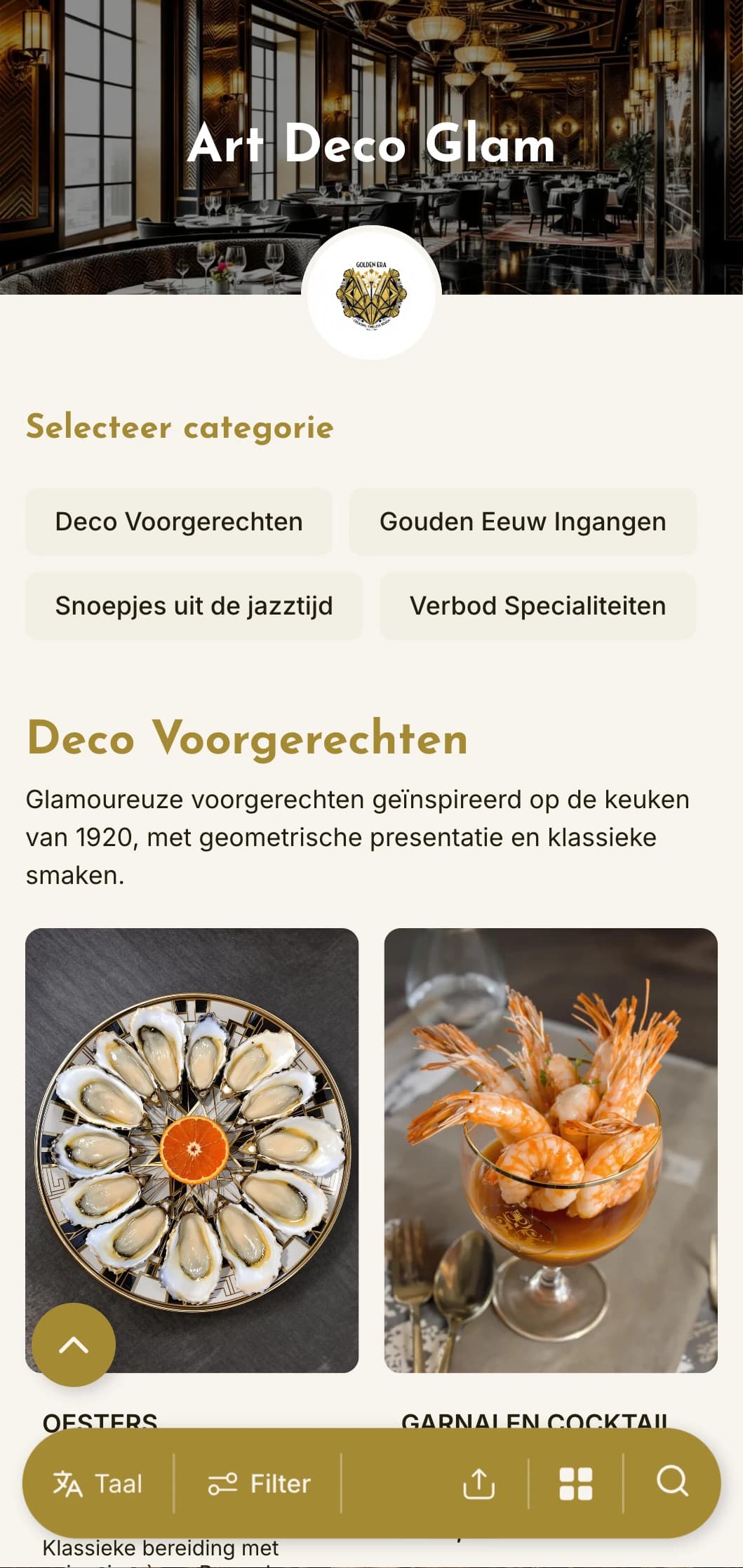 Een glamoureus dinermenu geïnspireerd op de jaren 1920 met geometrische patronen en metallic accenten, ideaal voor etablissementen met vintage flair.