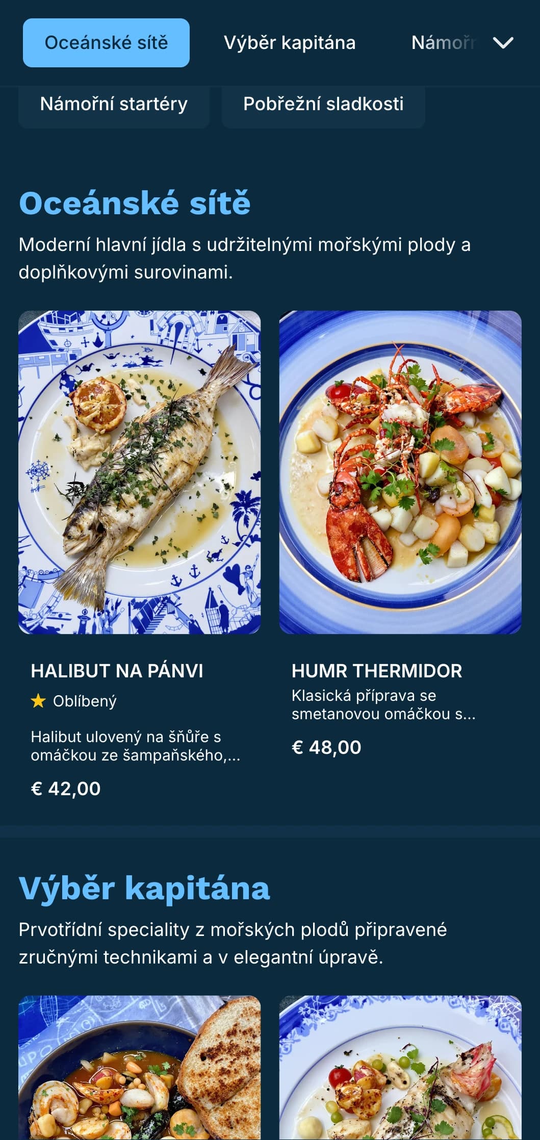 Svěží, modře laděné menu s námořnickými vlivy, ideální pro luxusní restaurace s mořskými plody.
