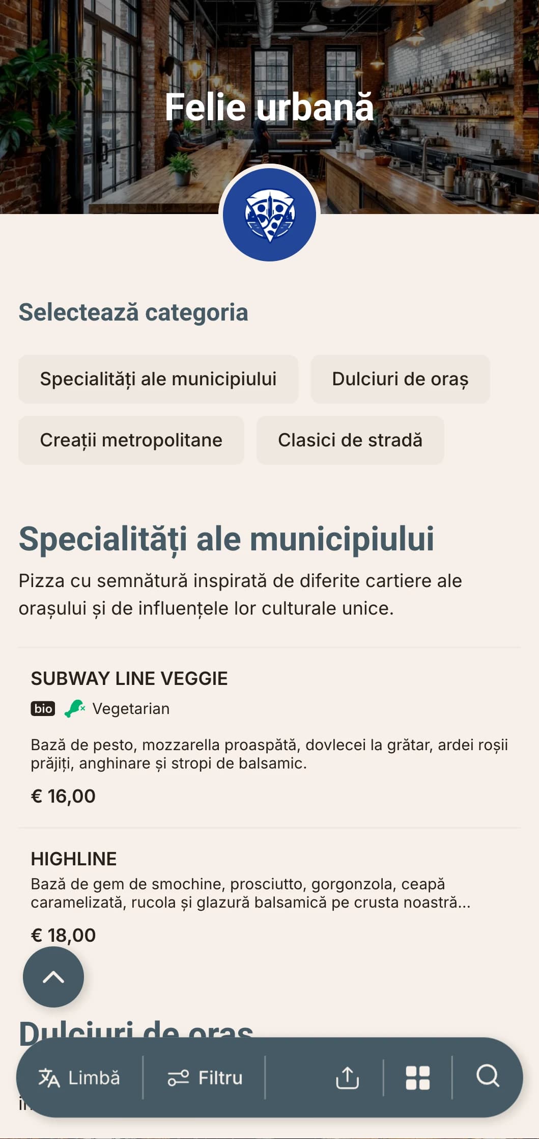 Meniu de pizza urban contemporan cu elemente de design industrial, perfect pentru pizzerii din centrul orașului.