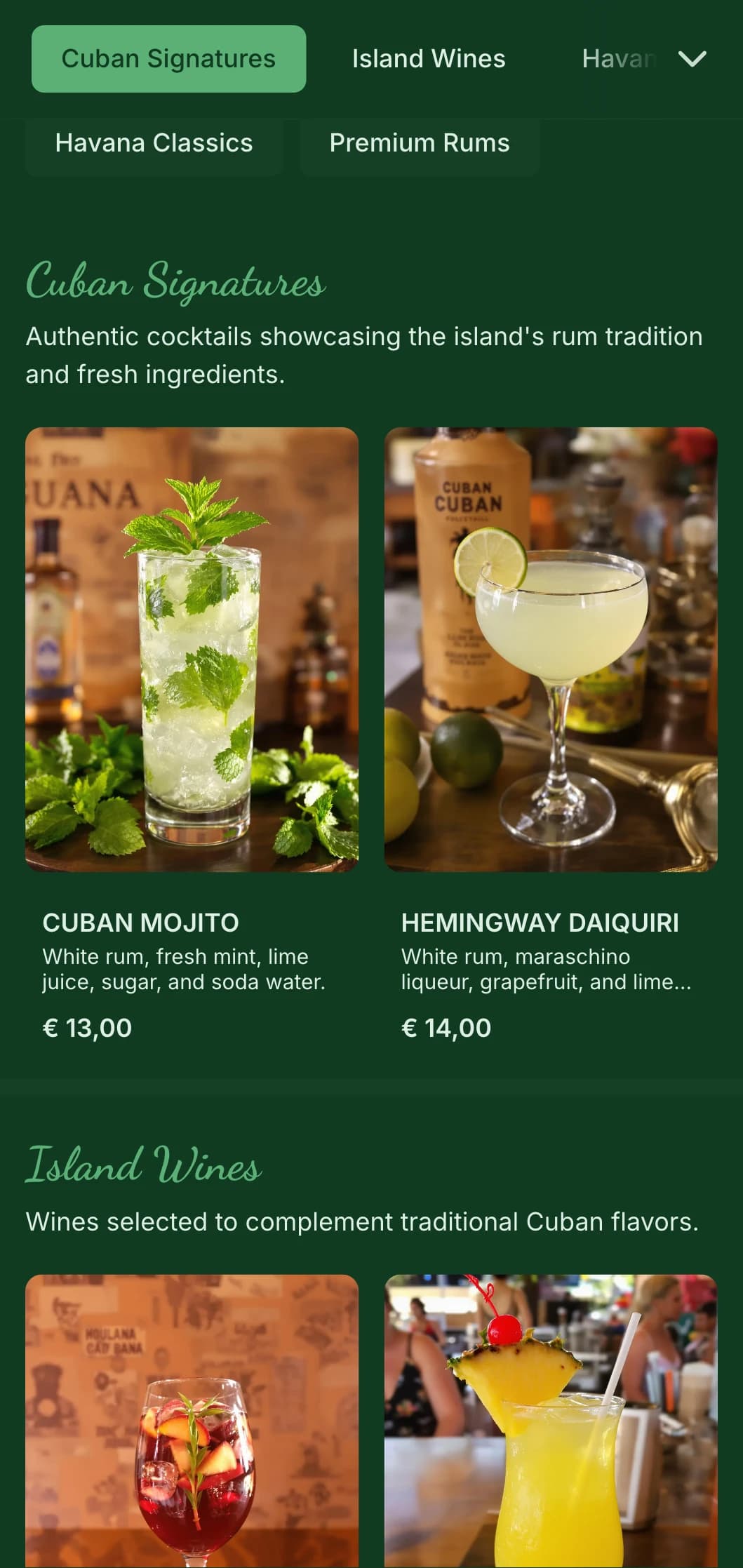 Tropical green design with vintage elements for Cuban-inspired rum bars.