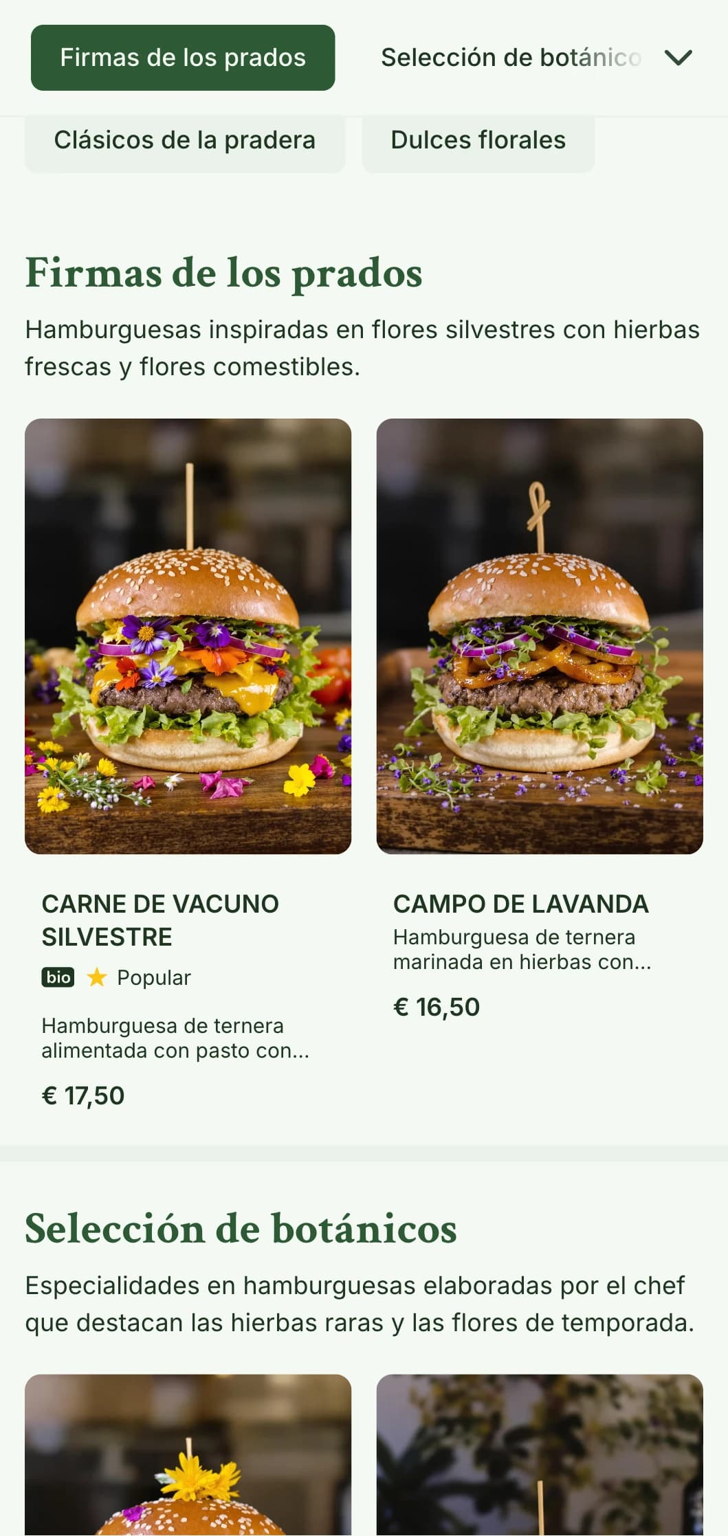 Concepto de hamburguesa inspirado en flores silvestres y praderas, con una estética natural y aireada.