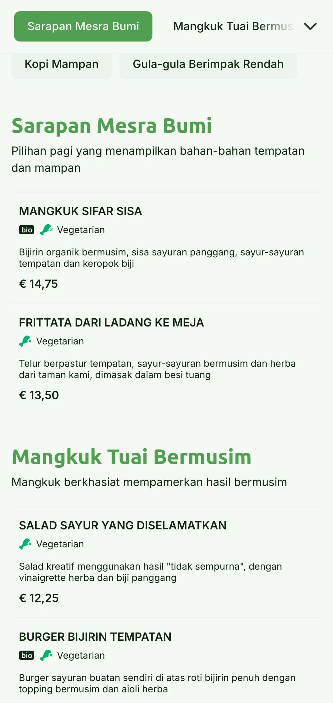 Reka bentuk hijau berinspirasikan alam semula jadi dengan elemen mesra alam untuk kafe yang mampan.