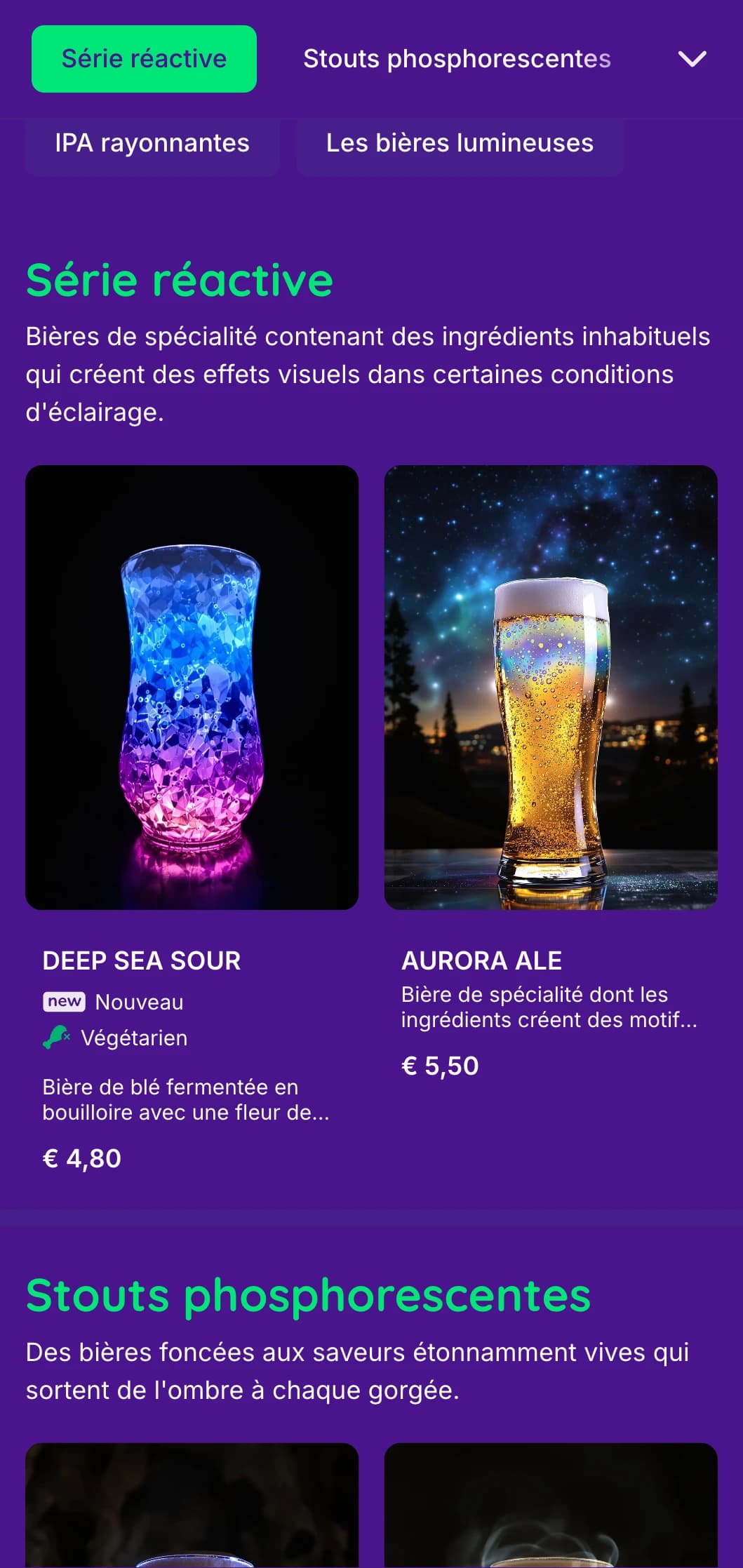 Un design éthéré et magique avec des éléments lumineux et des arrière-plans profonds, parfait pour des expériences uniques en matière de bières de spécialité.
