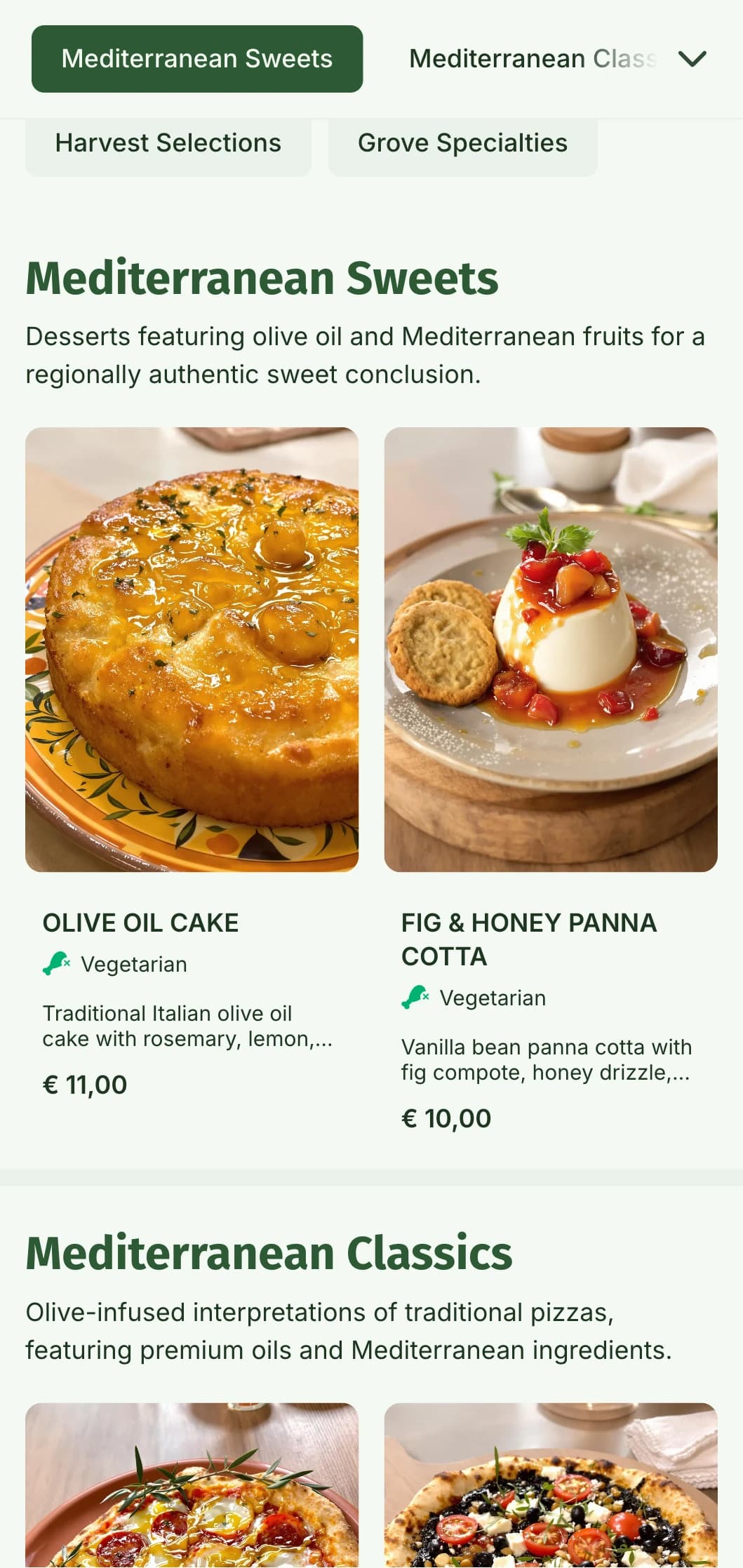 Mediterranean olive-inspired pizza menu emphasizing olive oil and natural ingredients.