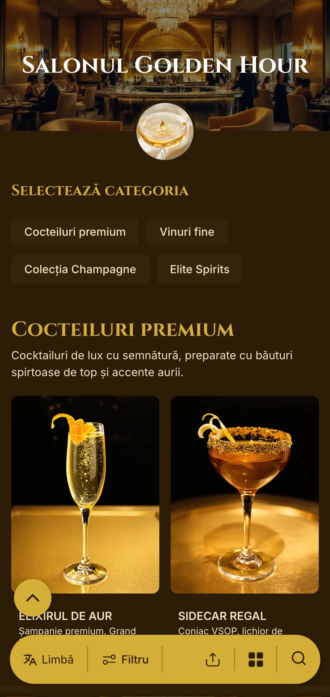 Design auriu de lux pentru cocktail baruri premium și saloane VIP.