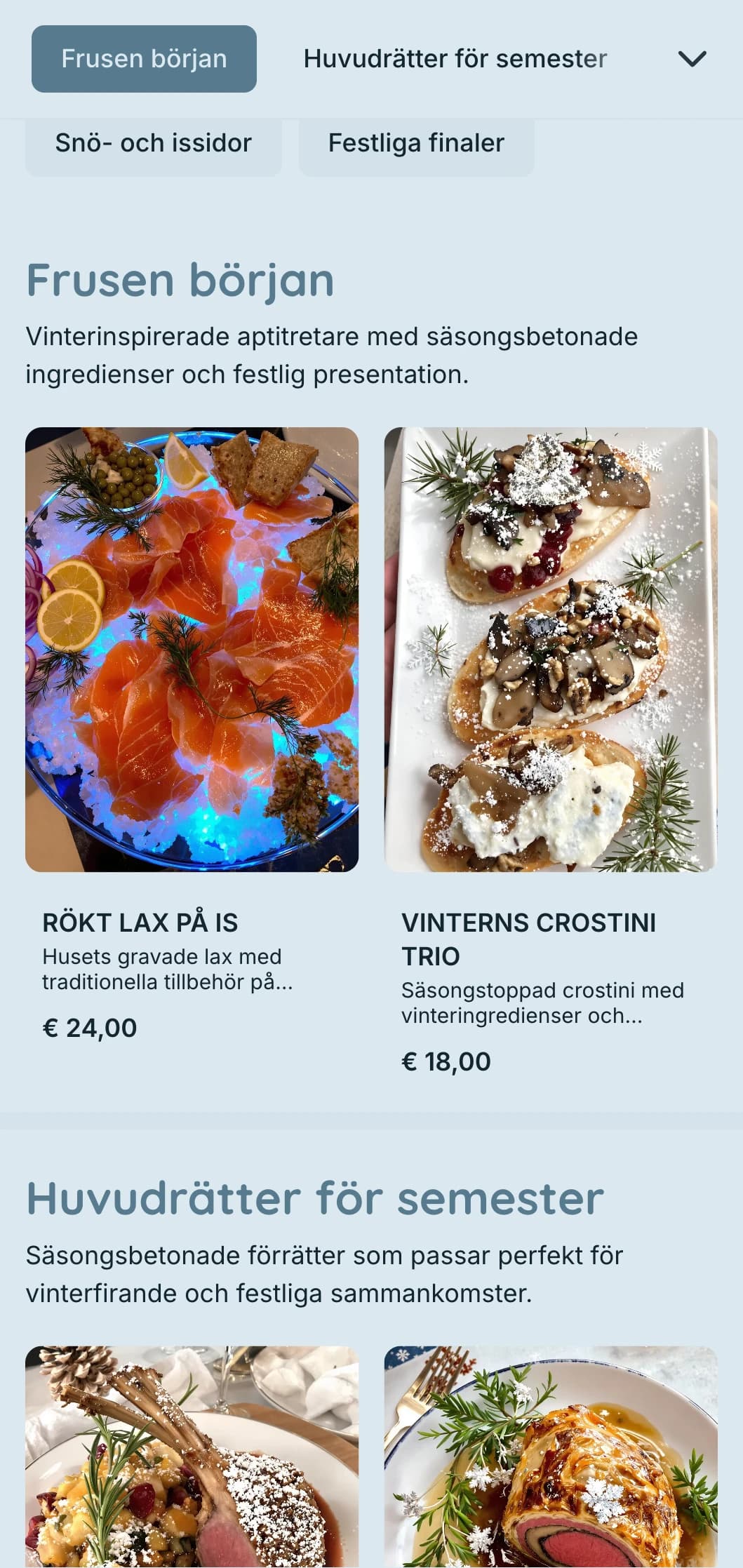 Magisk catering med vintertema med säsongsbetonade ingredienser, dramatisk presentation och mysiga inslag för semesterfester och vinterevenemang.