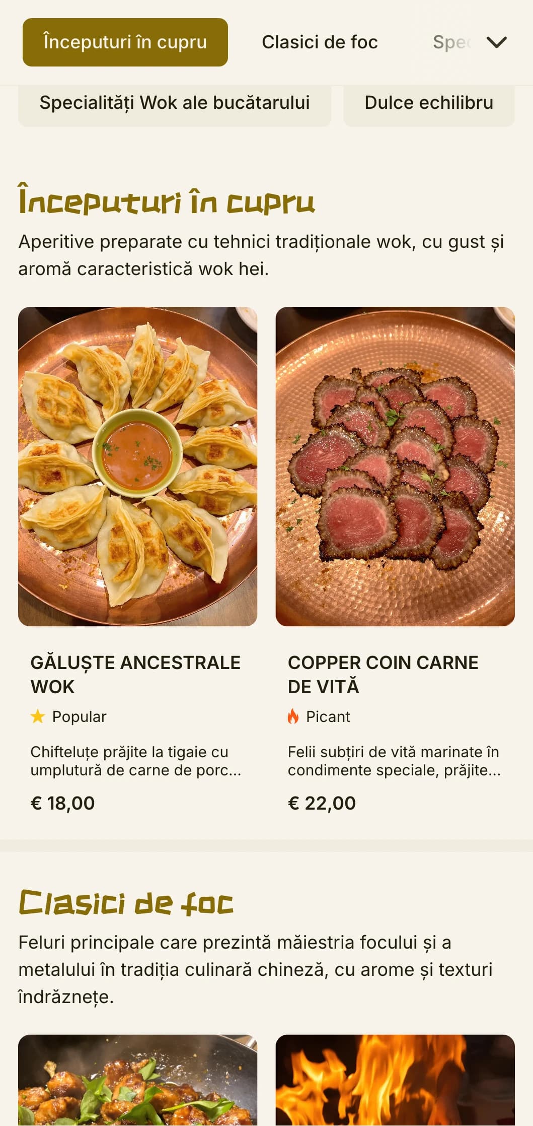 Meniu chinezesc cald, inspirat de bucătăria tradițională wok, cu accente de cupru și elemente culinare autentice.