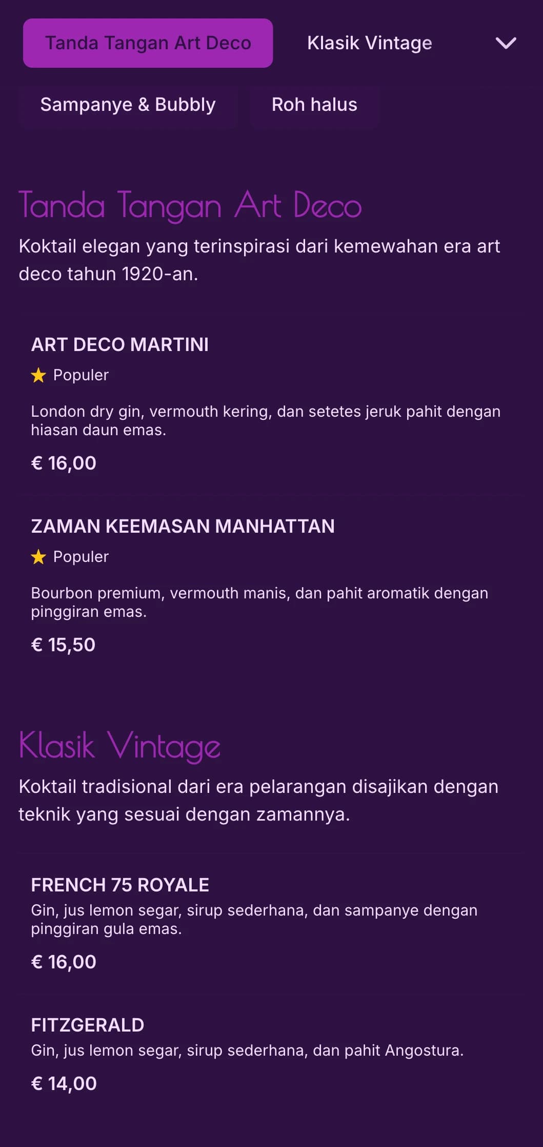 Desain ungu dan emas yang elegan terinspirasi dari art deco tahun 1920-an untuk lounge koktail kelas atas.