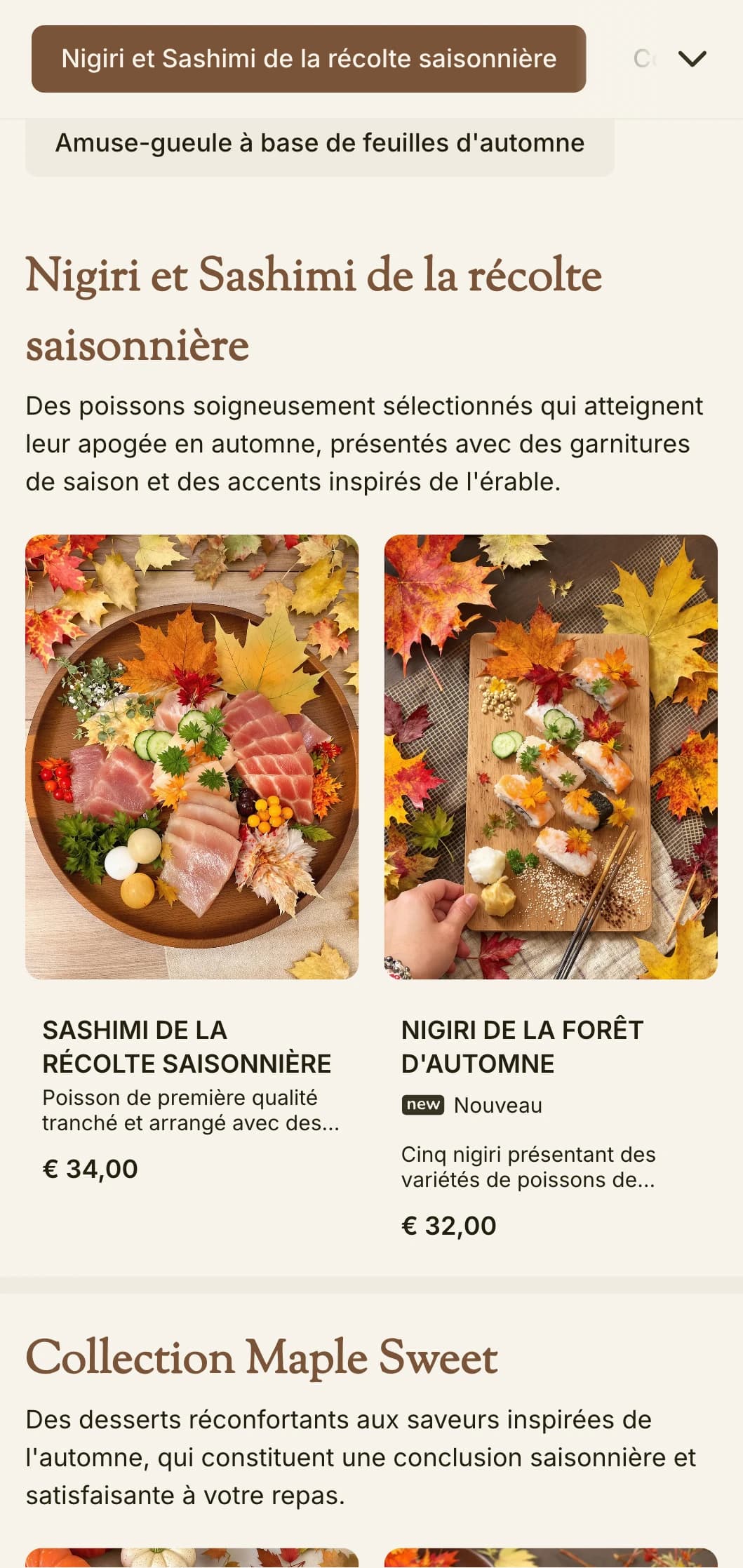 Un menu de sushis chaleureux et saisonnier avec de riches tons d'érable et des éléments inspirés de l'automne pour un repas traditionnel.