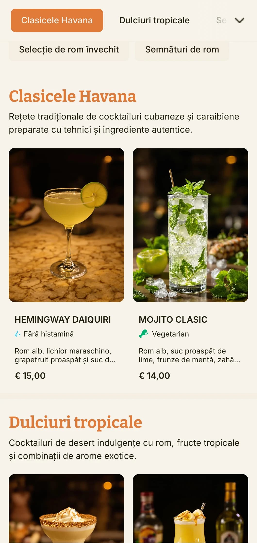 Un meniu vibrant, tropical, inspirat de cultura cocktailurilor cubaneze, perfect pentru barurile cu rom și localurile cu tematică latină.