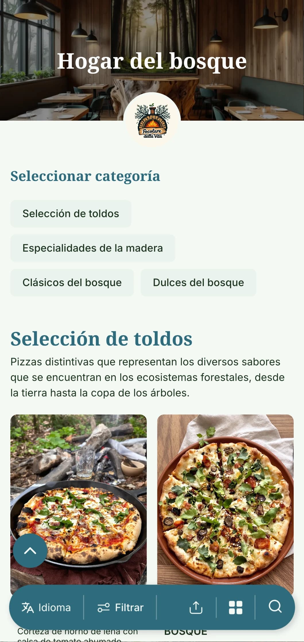 Carta de pizzas inspirada en el bosque, con elementos forestales y una paleta de colores terrosos.