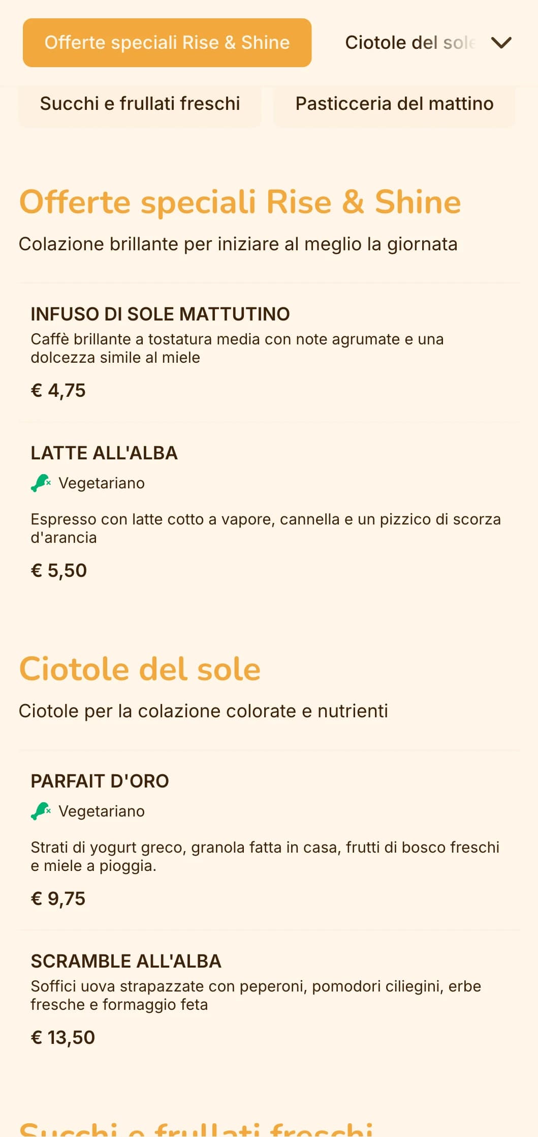 Design allegro in giallo e arancione con elementi solari per tavole calde e brunch.