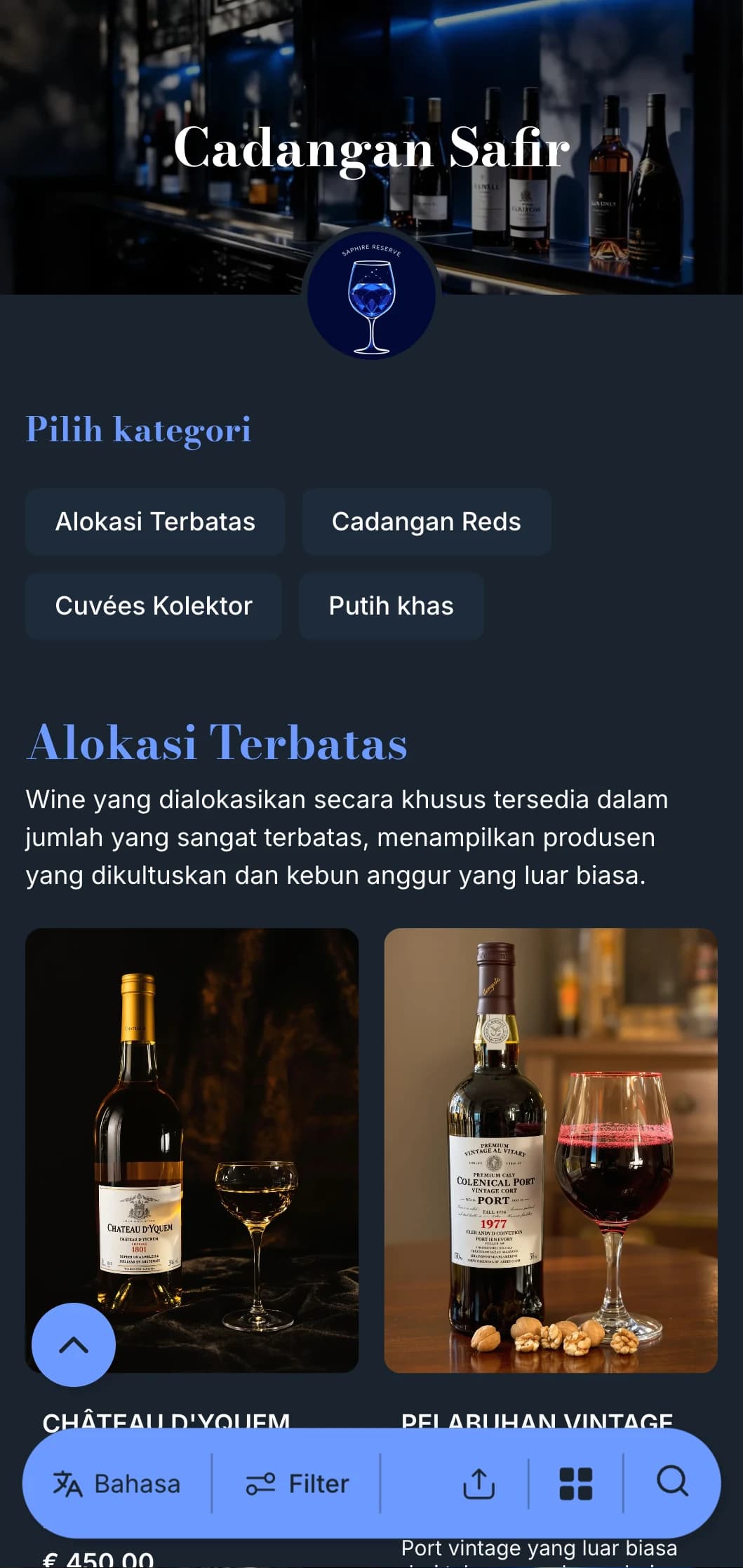 Templat daftar anggur yang sangat canggih dengan aksen biru mencolok dengan latar belakang biru tua, ideal untuk bar anggur premium dan tempat makan malam.