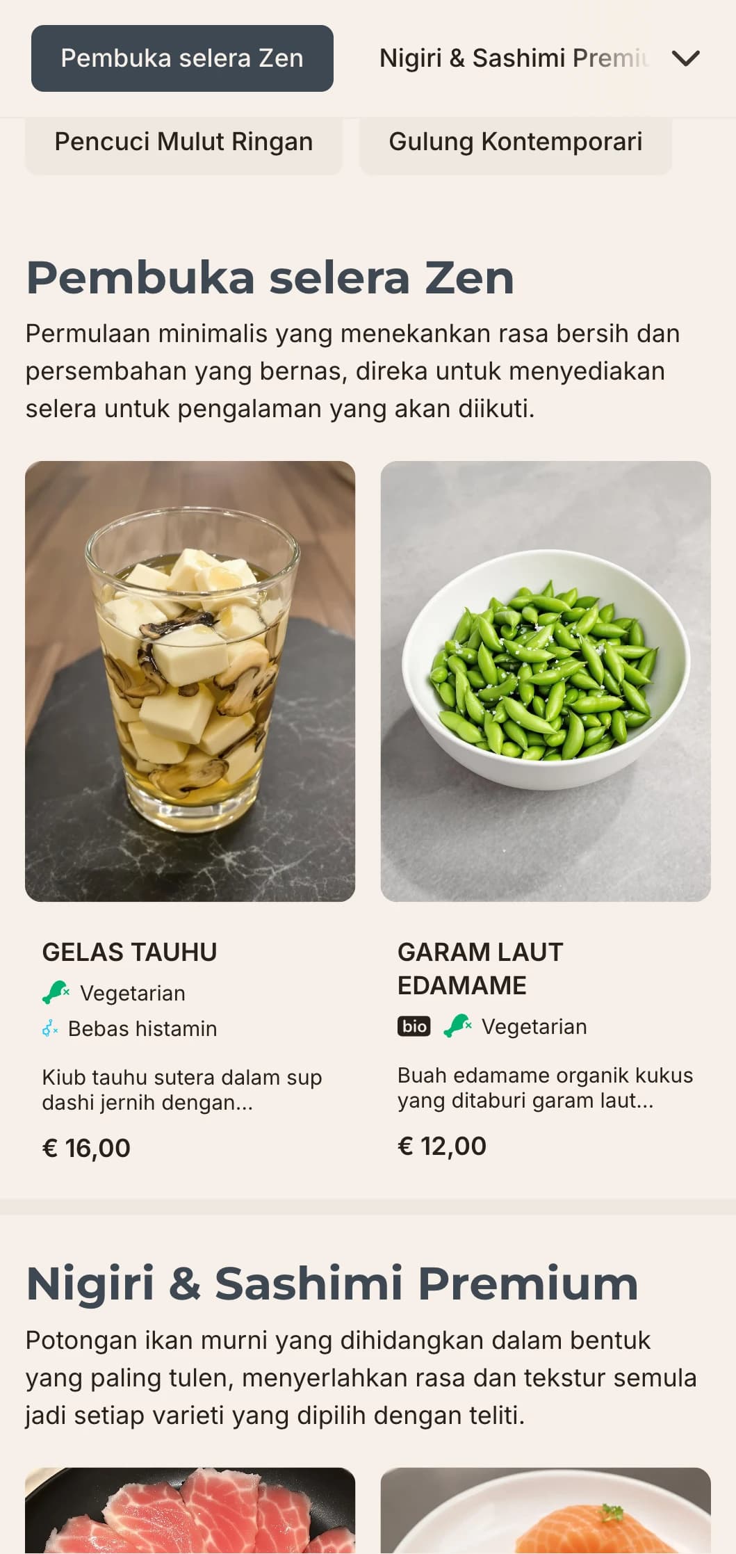 Reka bentuk menu sushi kontemporari yang bersih dengan estetika minimalis, sesuai untuk restoran Jepun kelas atas yang memfokuskan pada kesederhanaan dan kualiti.