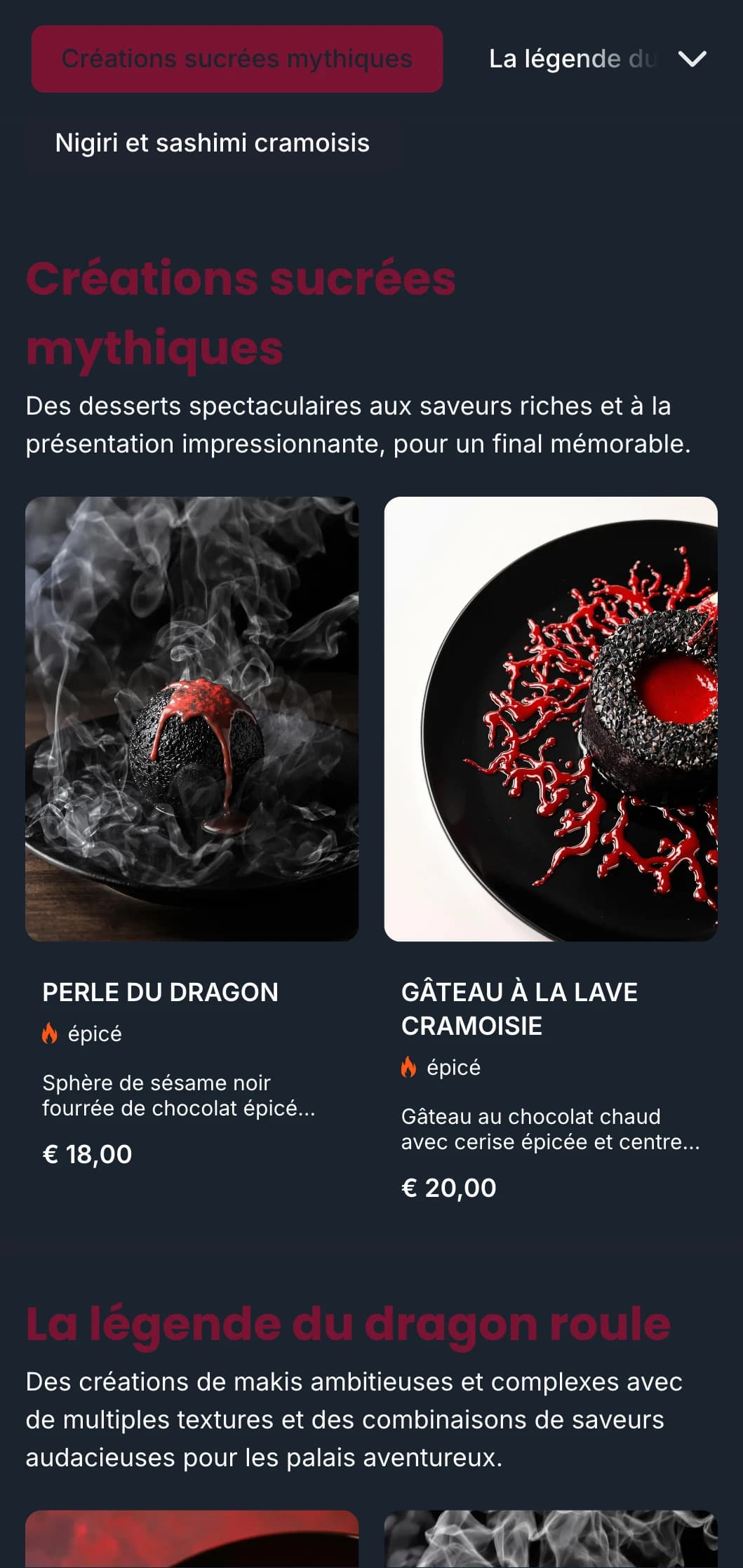 Carte de sushis audacieuse et spectaculaire aux riches tons rouges, inspirée de la mythologie japonaise traditionnelle du dragon.
