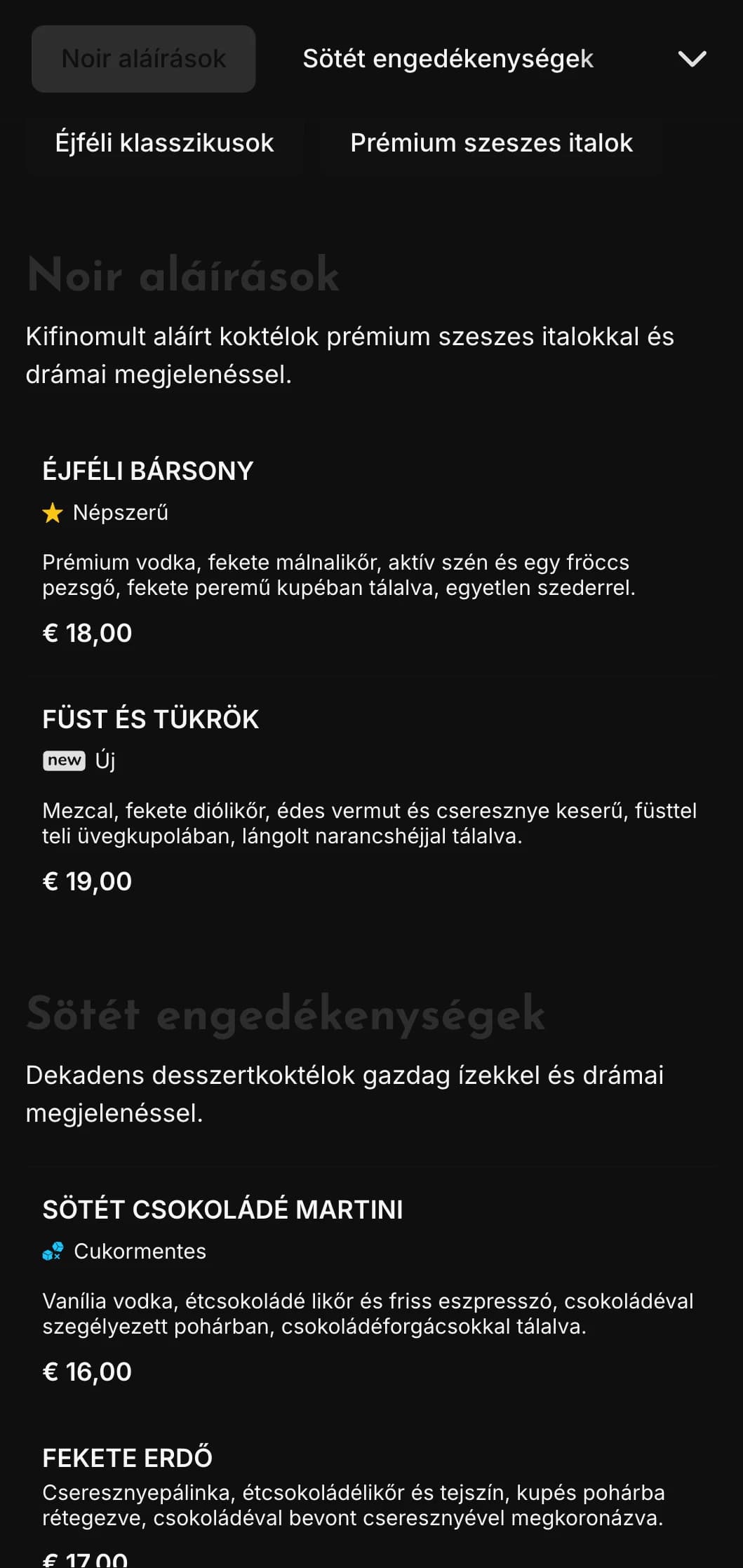Elegáns, sötét design kortárs koktélbárok és éjszakai klubok számára, nagy kontrasztú elemekkel és merész tipográfiával.