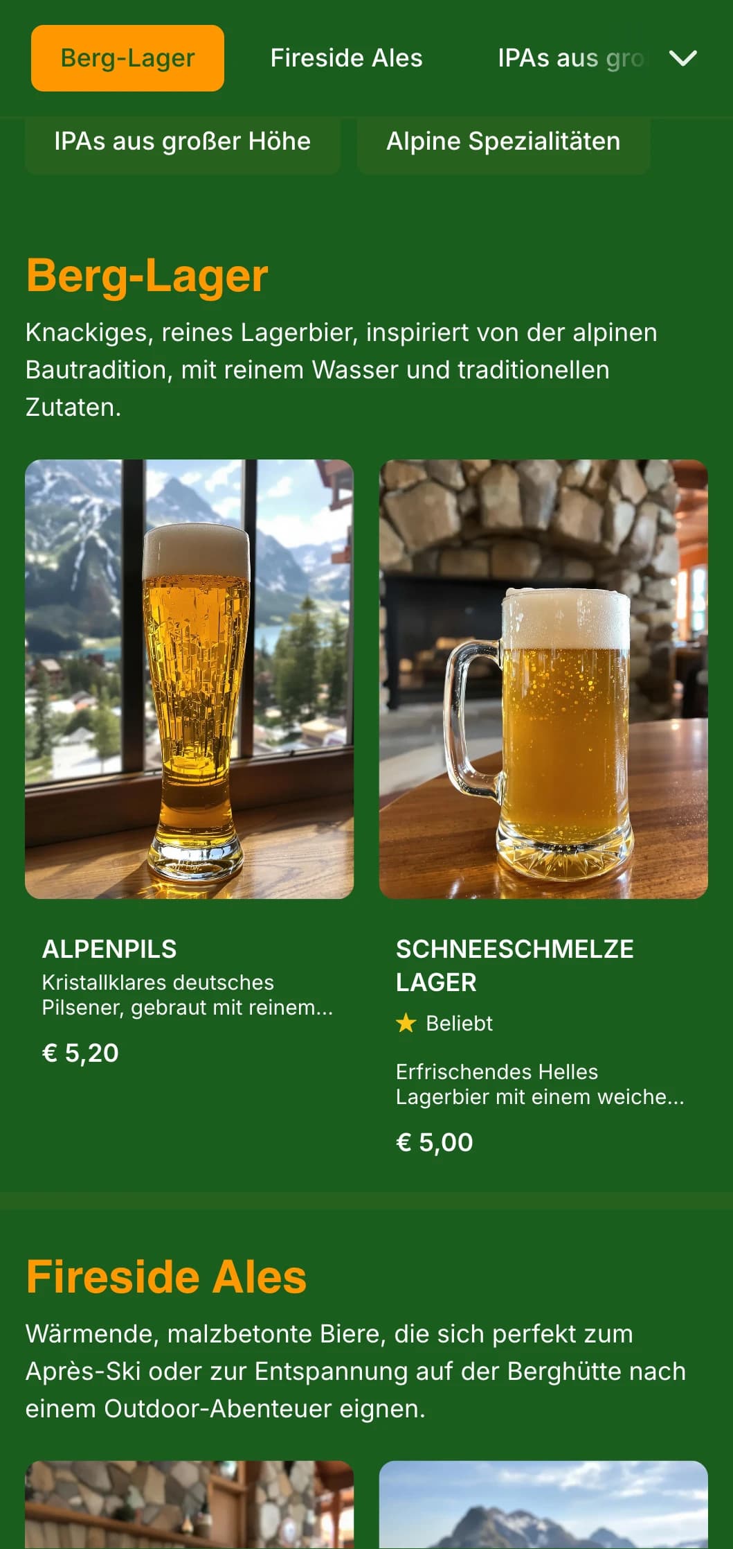 Gemütliche Berghüttenästhetik mit waldgrünen Tönen und rustikalen Elementen, ideal für Bergbrauereien und Skigebiete.