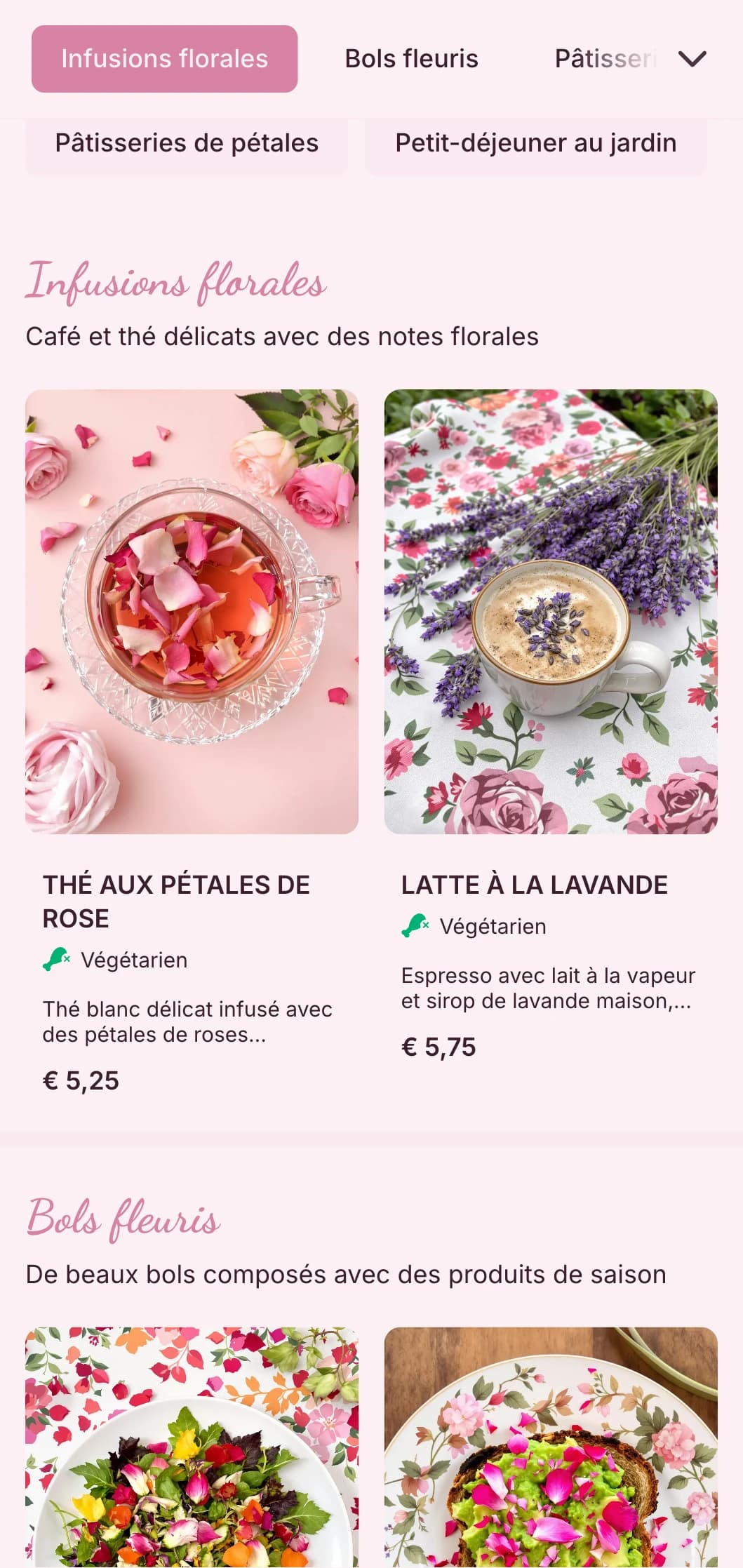 Design romantique rose avec des éléments floraux pour les salons de thé et les cafés féminins.