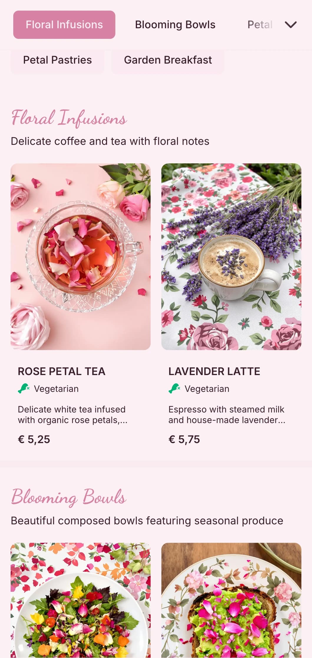 Romantic pink design with floral elements for garden tea rooms and feminine cafes.