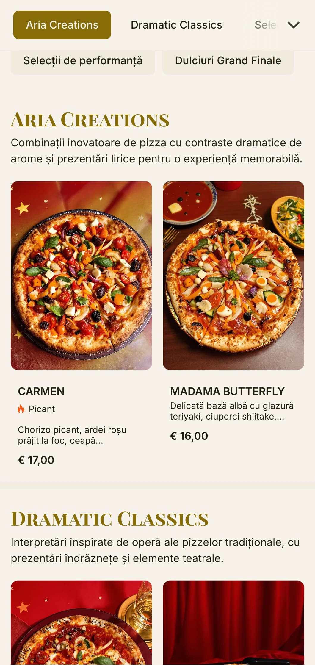 Meniu de pizza teatral inspirat de opera italiană cu ierarhie vizuală dramatică.