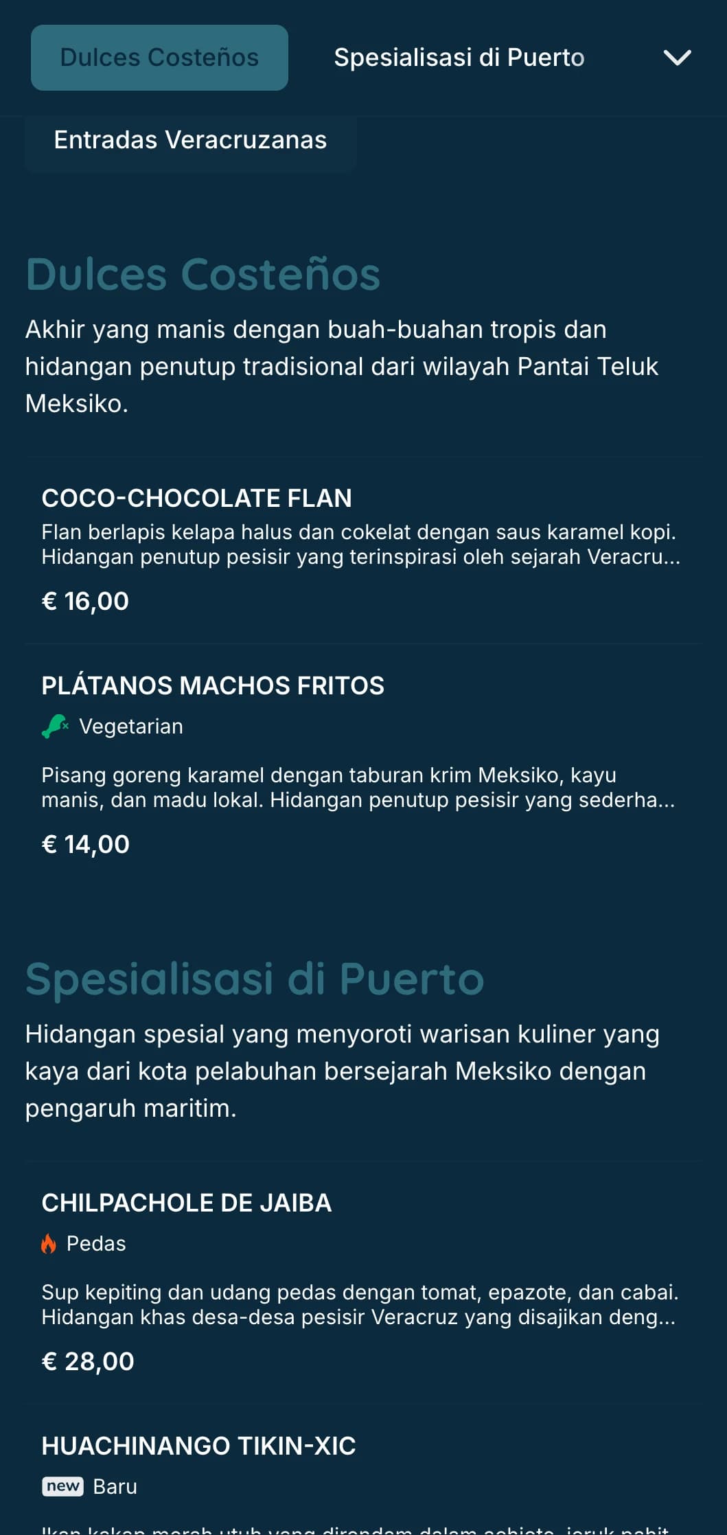 Menu pesisir yang segar dan penuh cita rasa menampilkan hidangan laut khas Veracruz dengan aksen biru kehijauan, citra pesisir, dan olahan ikan yang khas.