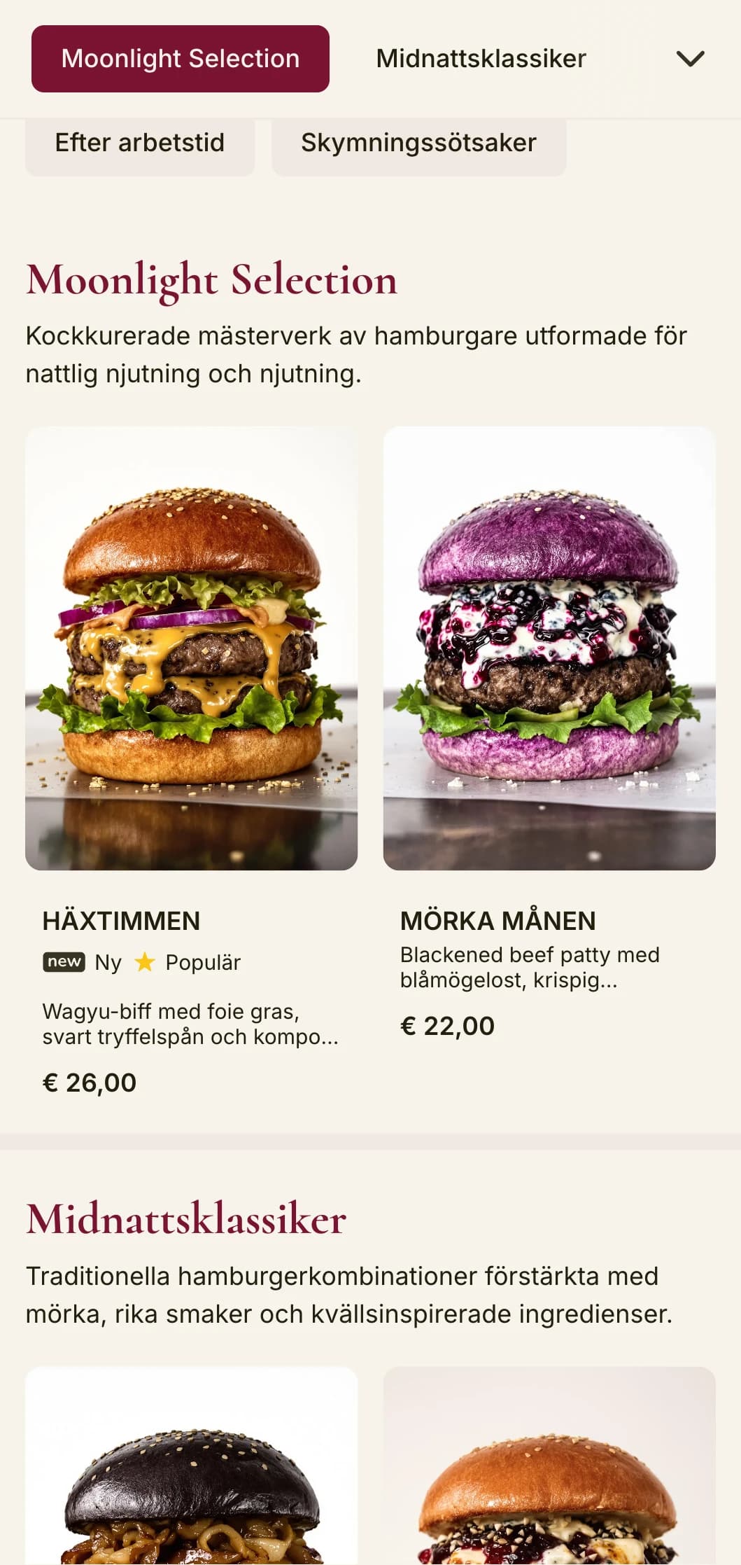 Late-night premium burger lounge med mörk sammet och mystisk atmosfär.