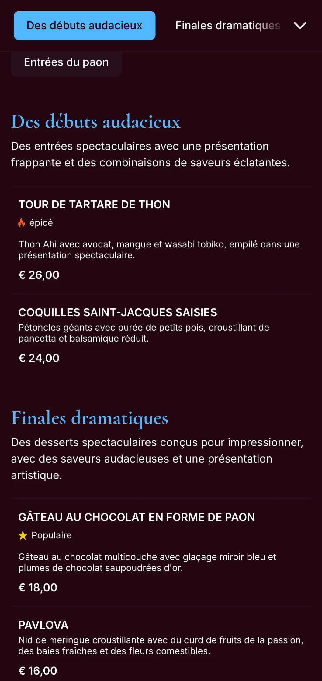 Un menu bleu paon saisissant avec de riches tons de bijoux et un style dramatique, conçu pour les restaurants au caractère audacieux.