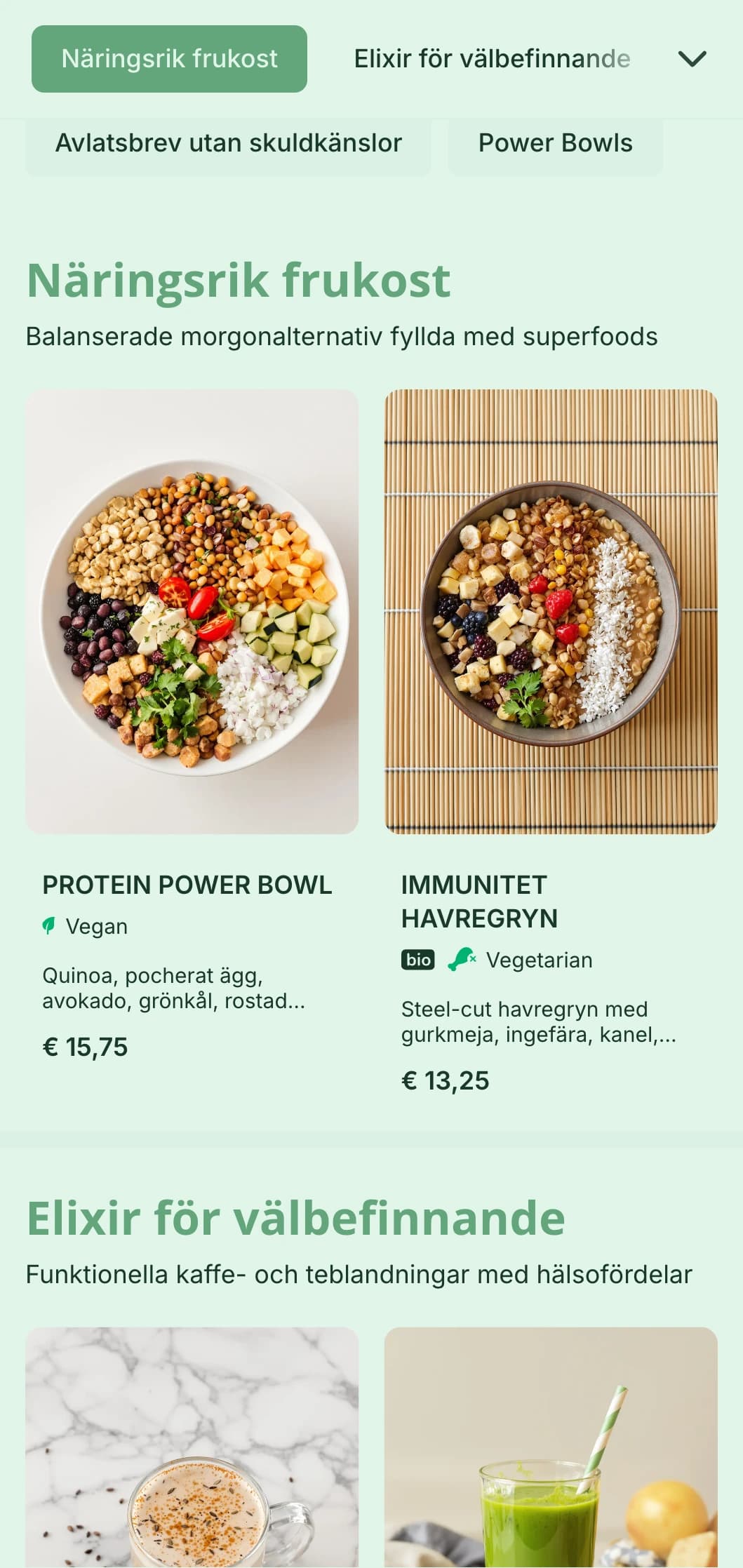 Fräsch grön design med fokus på hälsosamma alternativ för hälsoinriktade kaféer och juicebarer.