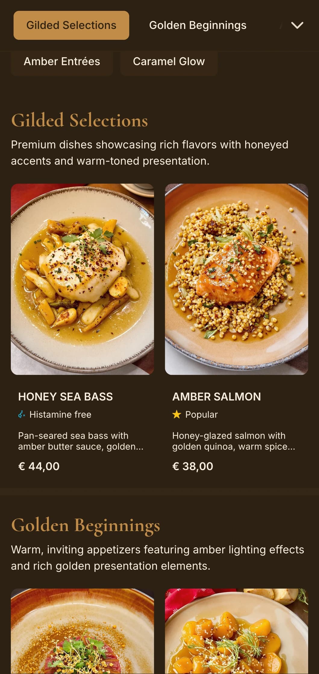 Rich, warm dining concept featuring amber tones and golden lighting for an intimate luxury experience.