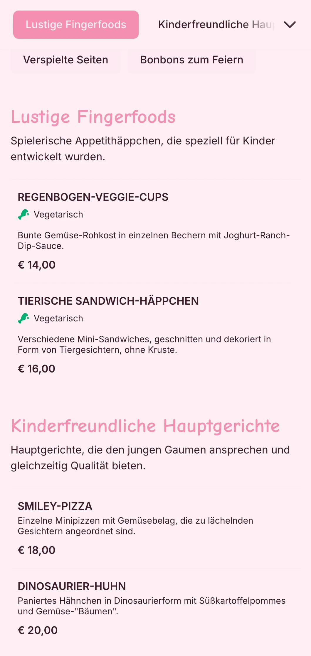 Lustiges, farbenfrohes Catering speziell für Kinderveranstaltungen mit spielerischer Präsentation, kinderfreundlichen Optionen und interaktiven Essensstationen.
