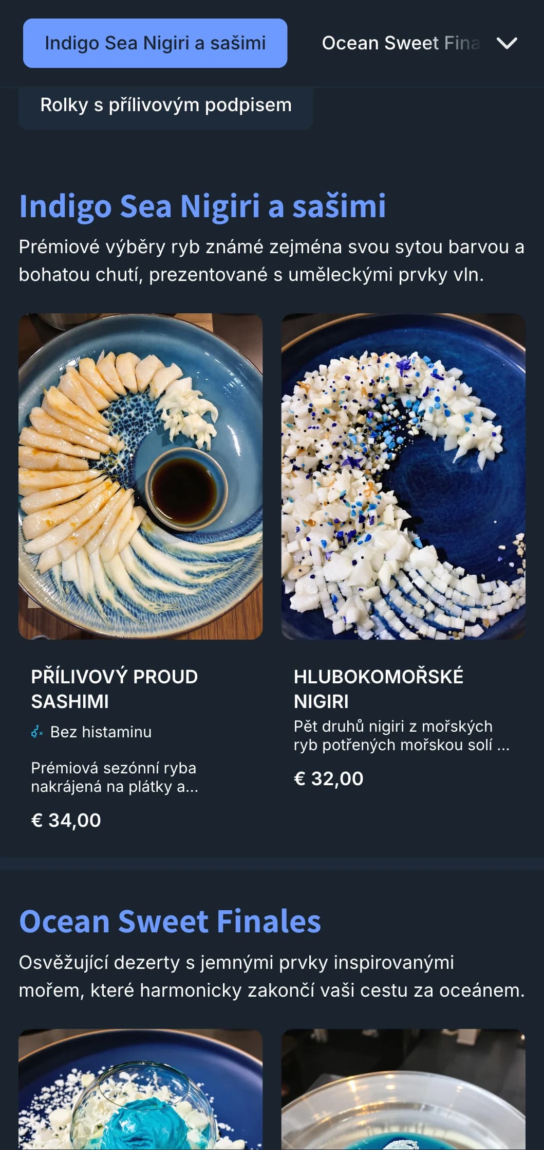 Menu sushi inspirované oceánem s hlubokými indigovými vlnami a moderním designem pro restaurace zaměřené na mořské plody.