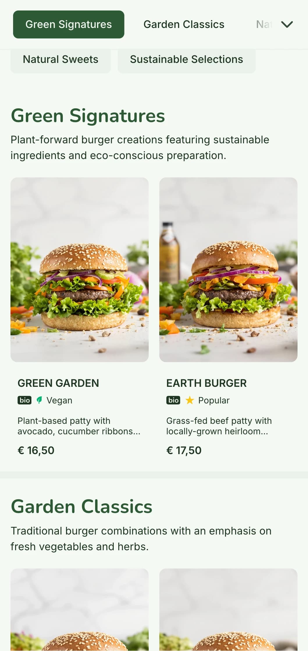 Eco-conscious burger menu with sustainable focus, featuring natural materials and plant-based options.