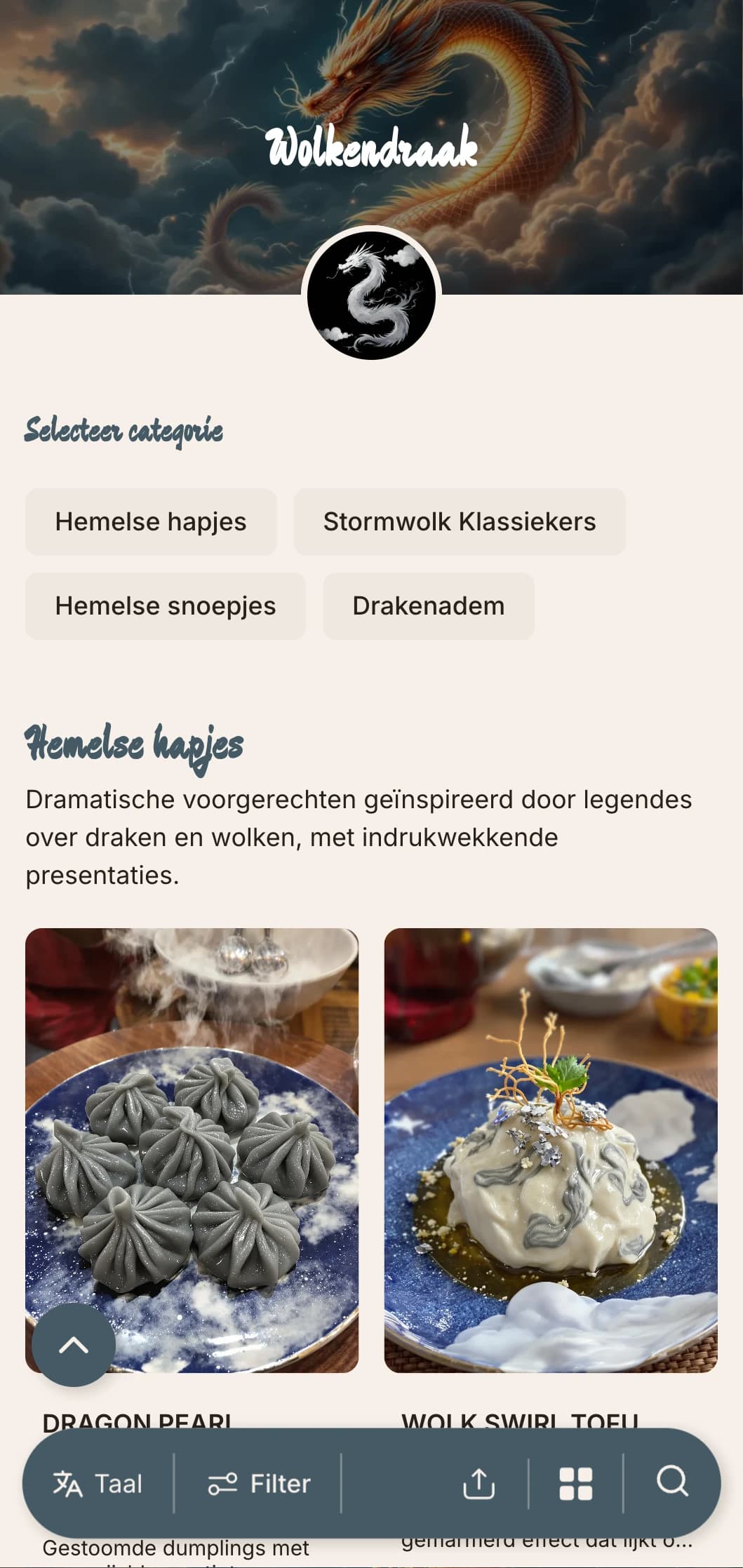 Dramatisch Chinees menuontwerp met wolken- en drakenmotieven, met krachtige elementen voor de authentieke keizerlijke keuken.