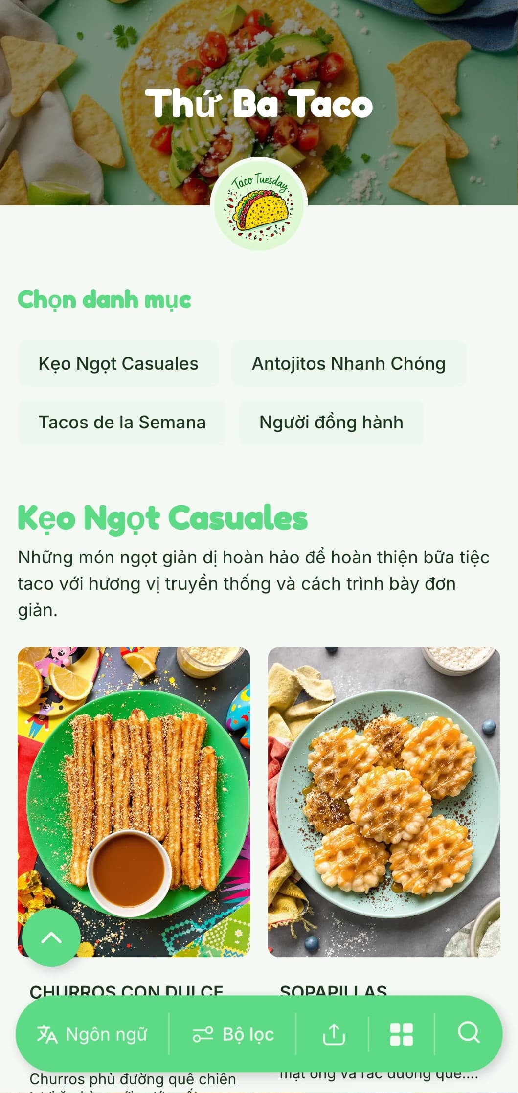 Thực đơn tập trung vào món taco vui nhộn và giản dị với điểm nhấn màu xanh lá cây tươi sáng, hình minh họa vui nhộn và các biến thể taco sáng tạo cho các món đặc biệt trong ngày thường.