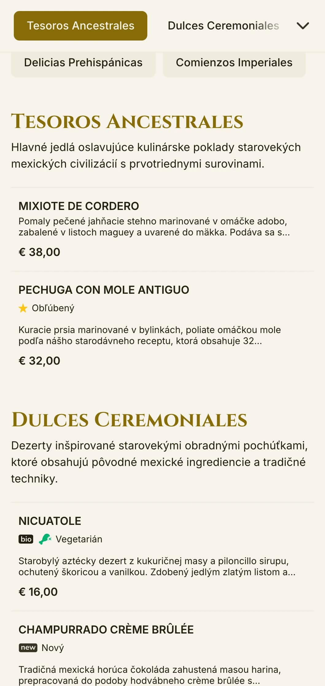 Elegantné menu inšpirované starovekou aztéckou kultúrou s luxusnými zlatými akcentmi, historickou symbolikou a prvotriednymi tradičnými jedlami na pergamene zo slonoviny.