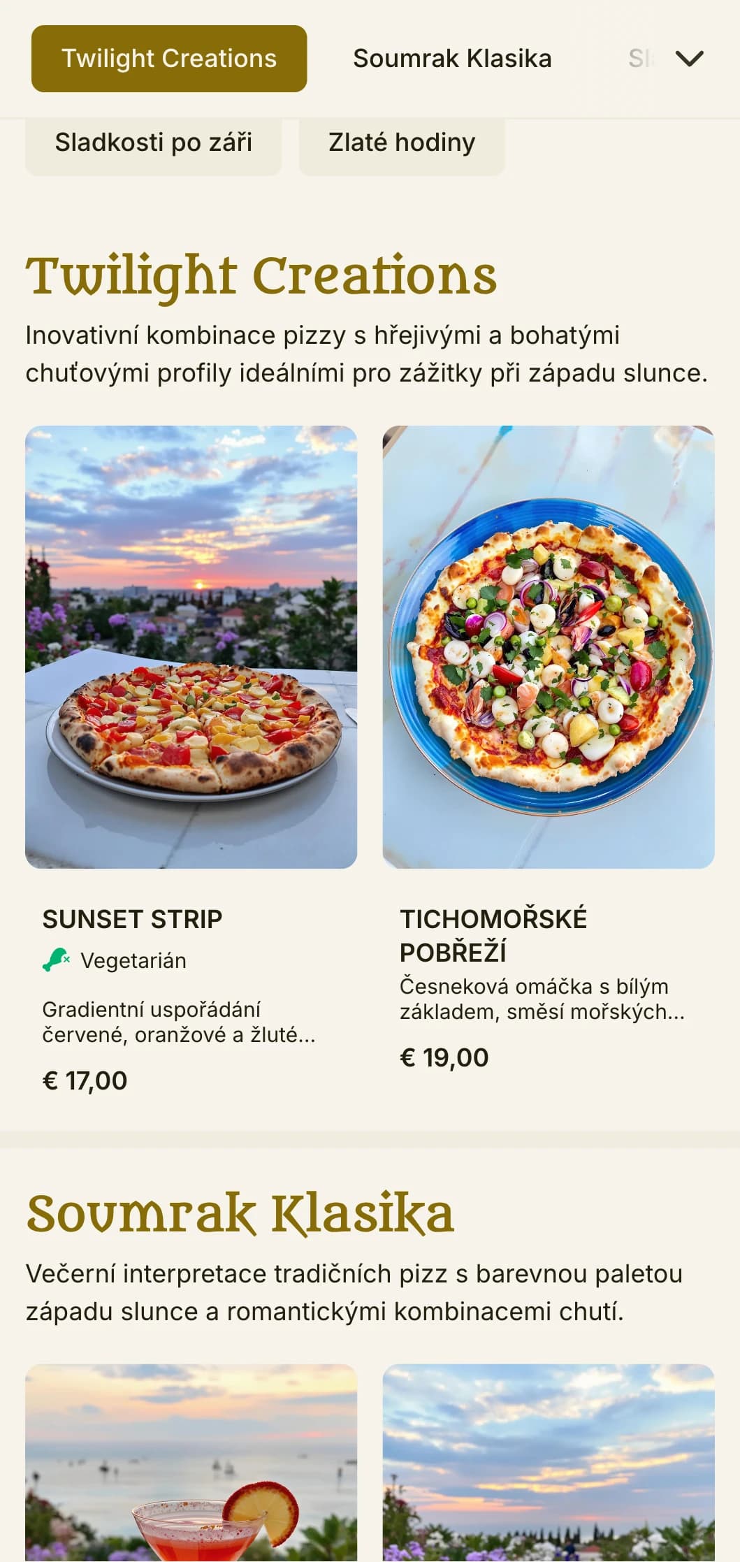Živé menu pizzy s večerní tematikou, barevnou paletou západu slunce a romantickými prvky.