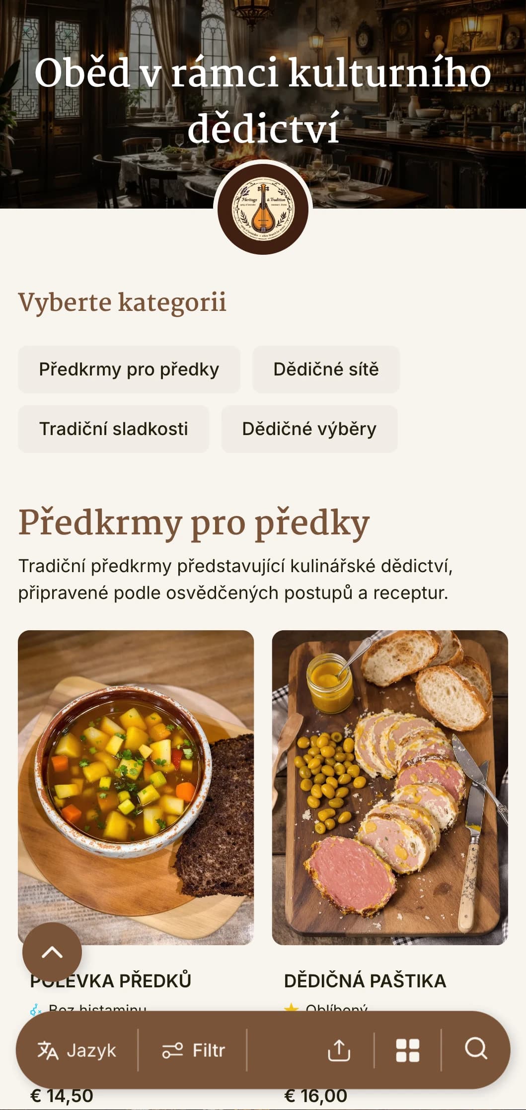 Tradiční, památkami inspirovaný design poledního menu s historickými prvky a nadčasovou typografií, ideální pro památkové restaurace a podniky s kulturním významem.