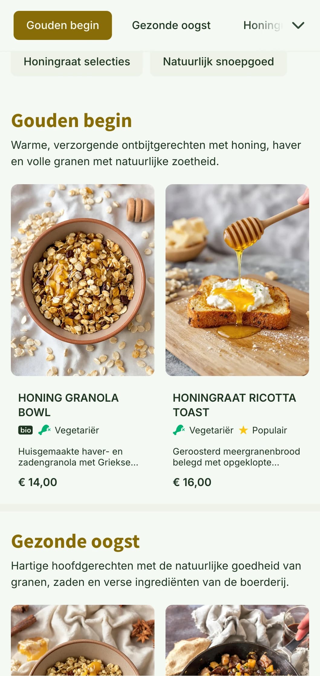 Warme, gouden brunchsjabloon met natuurlijke texturen, ideaal voor gezonde ontbijtplekken en bakkerijcafés.