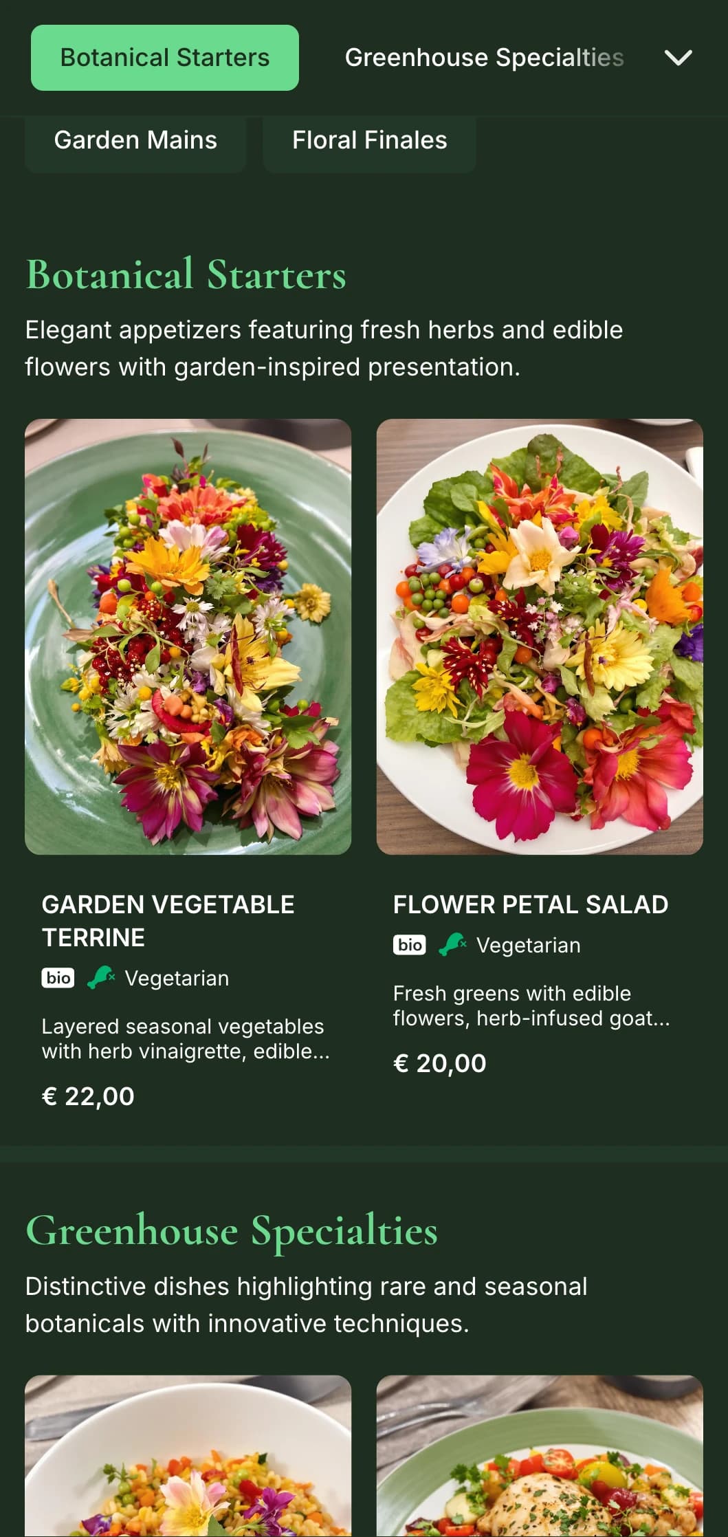 An elegant dinner menu featuring lush botanical elements and deep green tones, designed for garden-inspired fine dining.